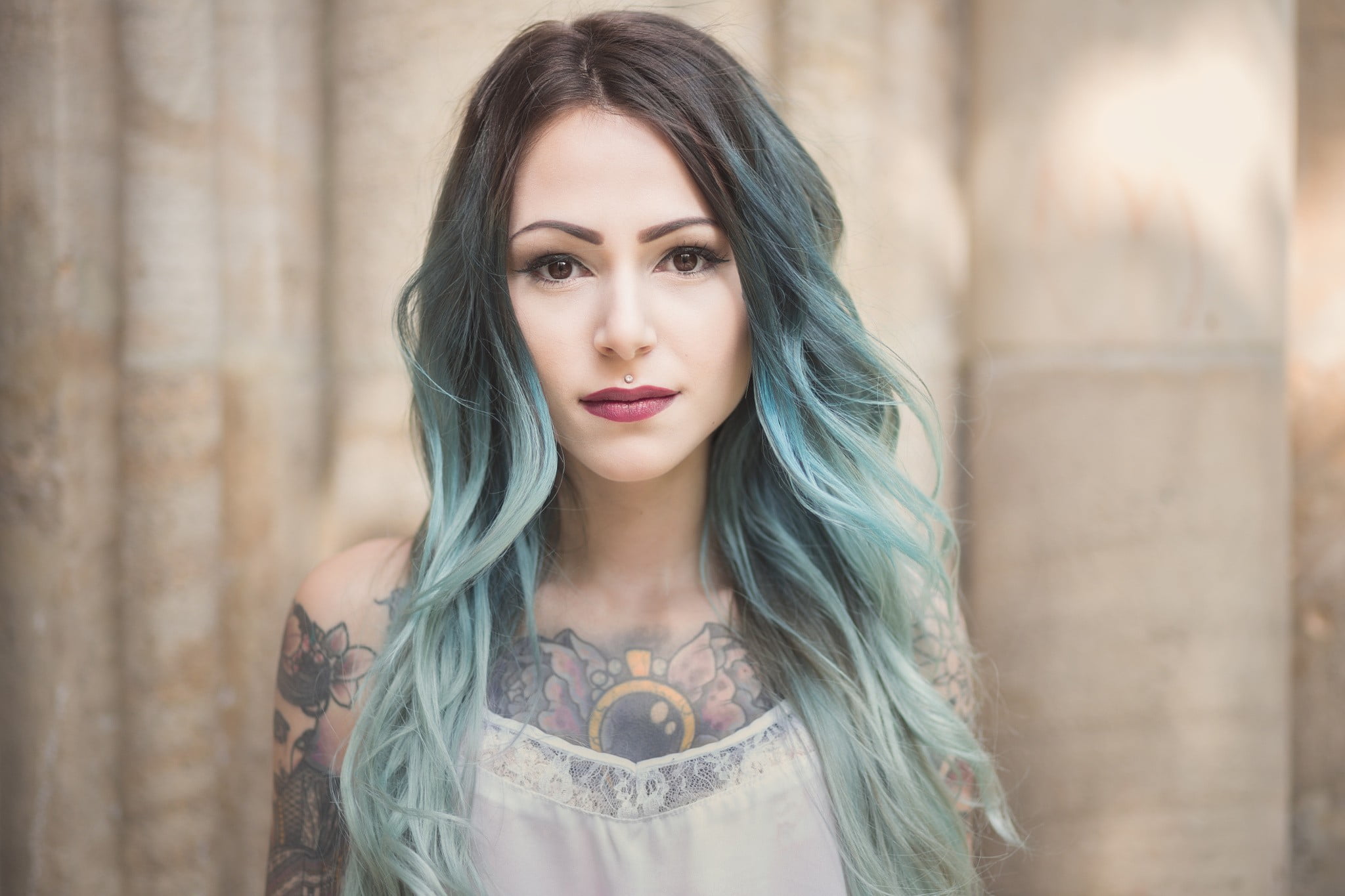blue hair, young adult, tattoo, focus on foreground, lipstick, headshot, looking at viewer, long hair, pierced lip, adult, young women, real people, outdoors, HD Wallpaper