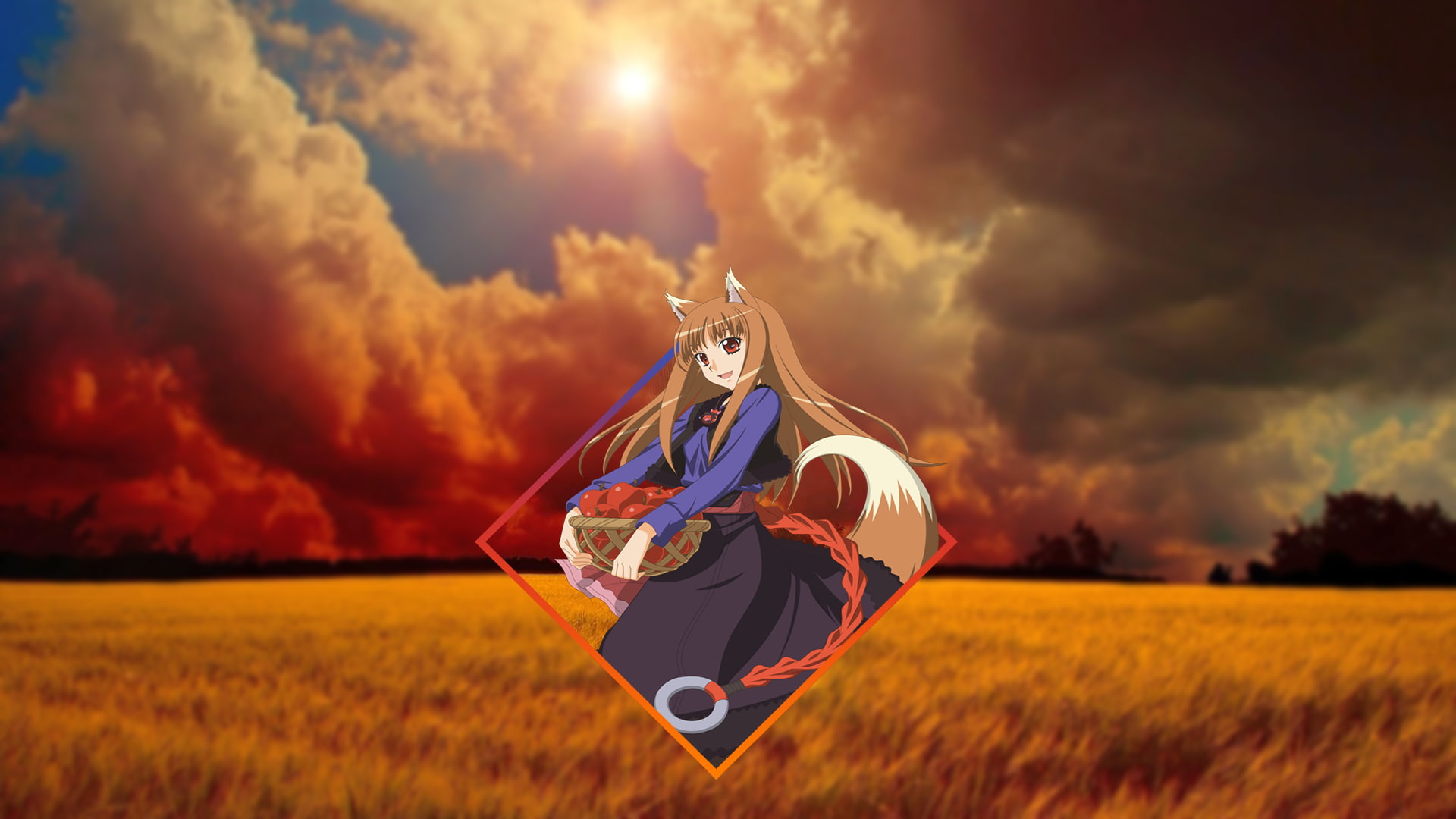 anime, wheat, blurred, field, Holo (Wolf and Spice), 1080P, Spice and Wolf, Holo, picture-in-picture, HD Wallpaper
