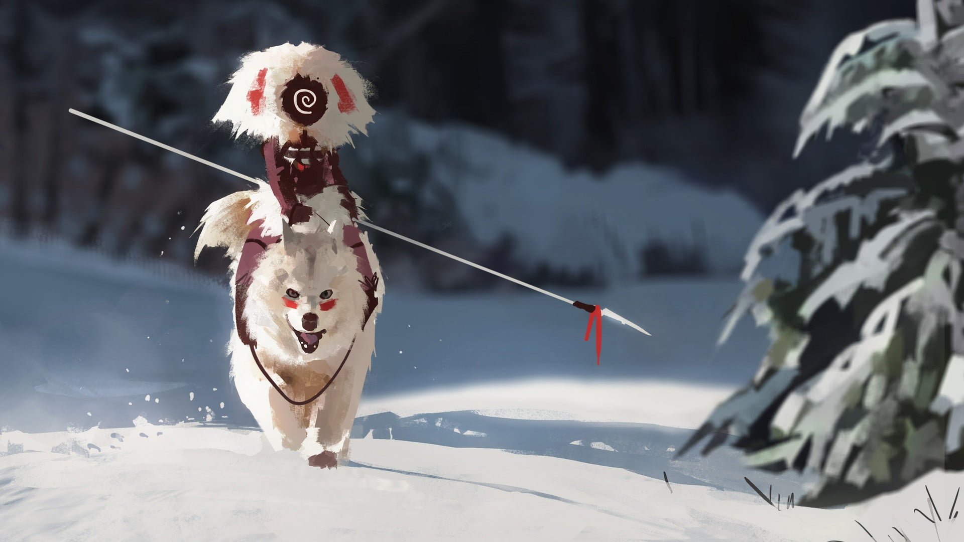 domestic, portrait, white color, day, nature, frozen, animal, focus on foreground, wolf, snowcapped mountain, Princess Mononoke, winter, white, cold temperature, HD Wallpaper
