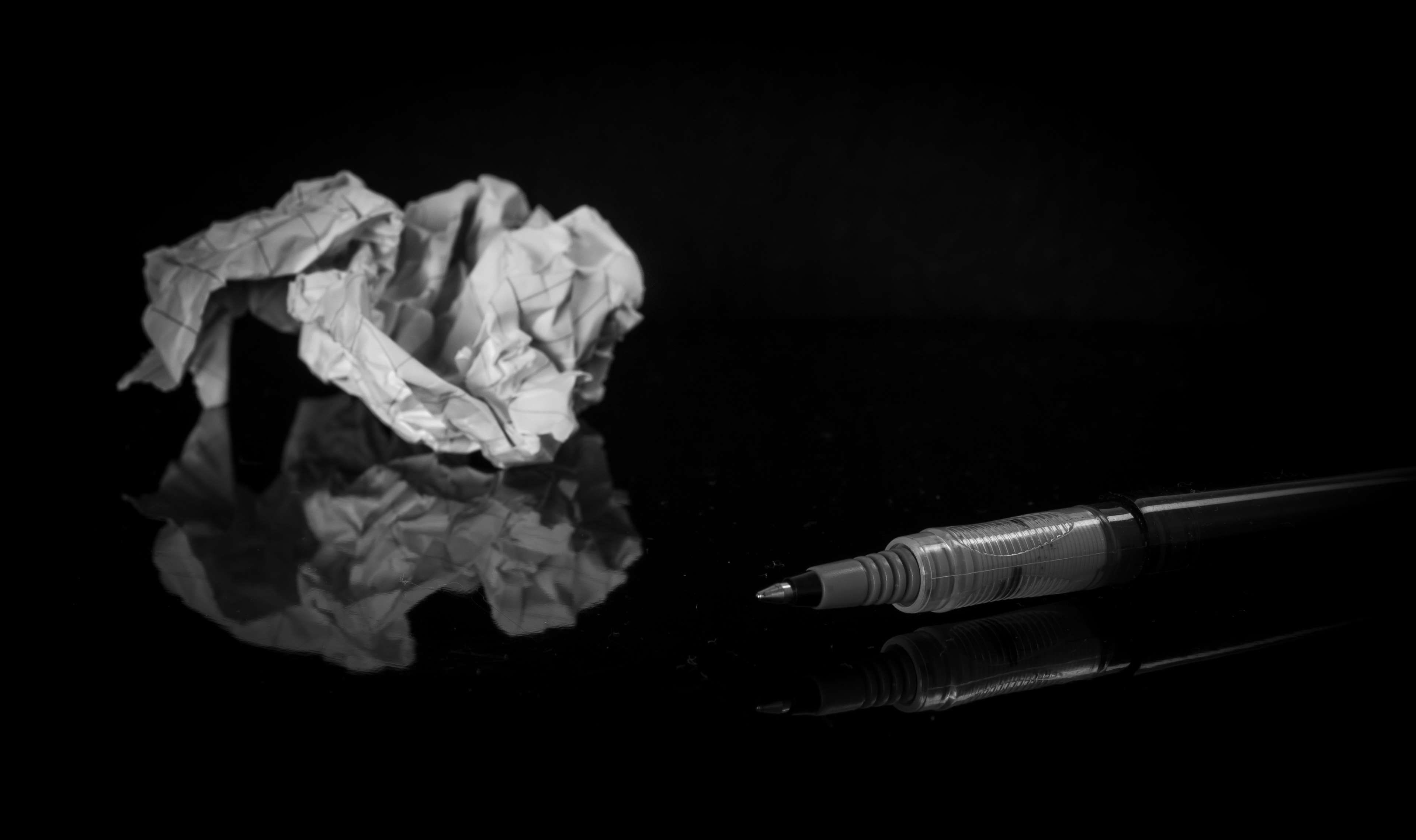 pen, black and white, aggression, crumpled paper, table, warning sign, crumpled, paper, sharp, group of objects, crumpled paper ball, trash, black background, HD Wallpaper