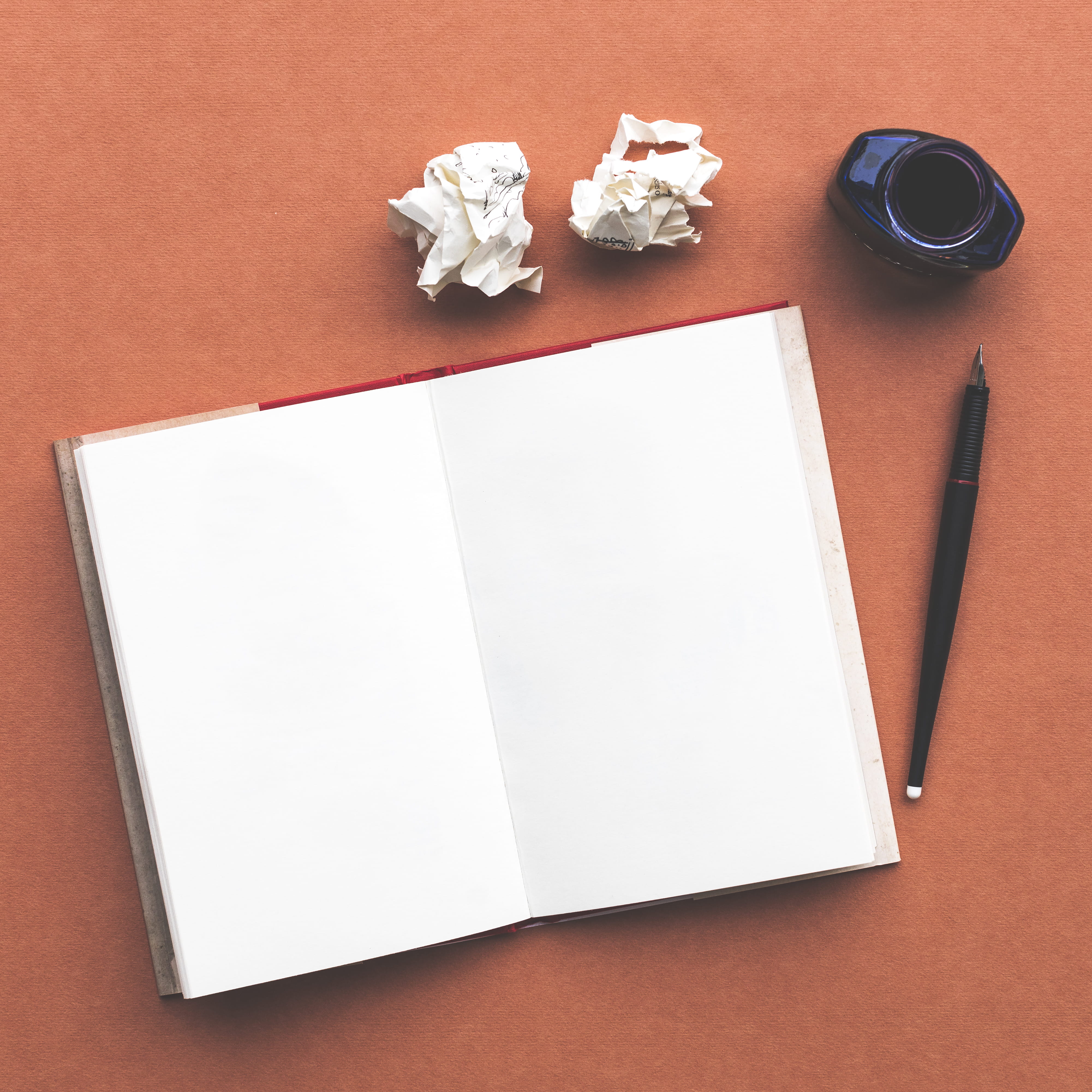 pen, ink, group of objects, directly above, copy space, table, paper, creativity, crumpled paper ball, no people, empty space, empty, 4K, blank page, from above, Phone HD Wallpaper