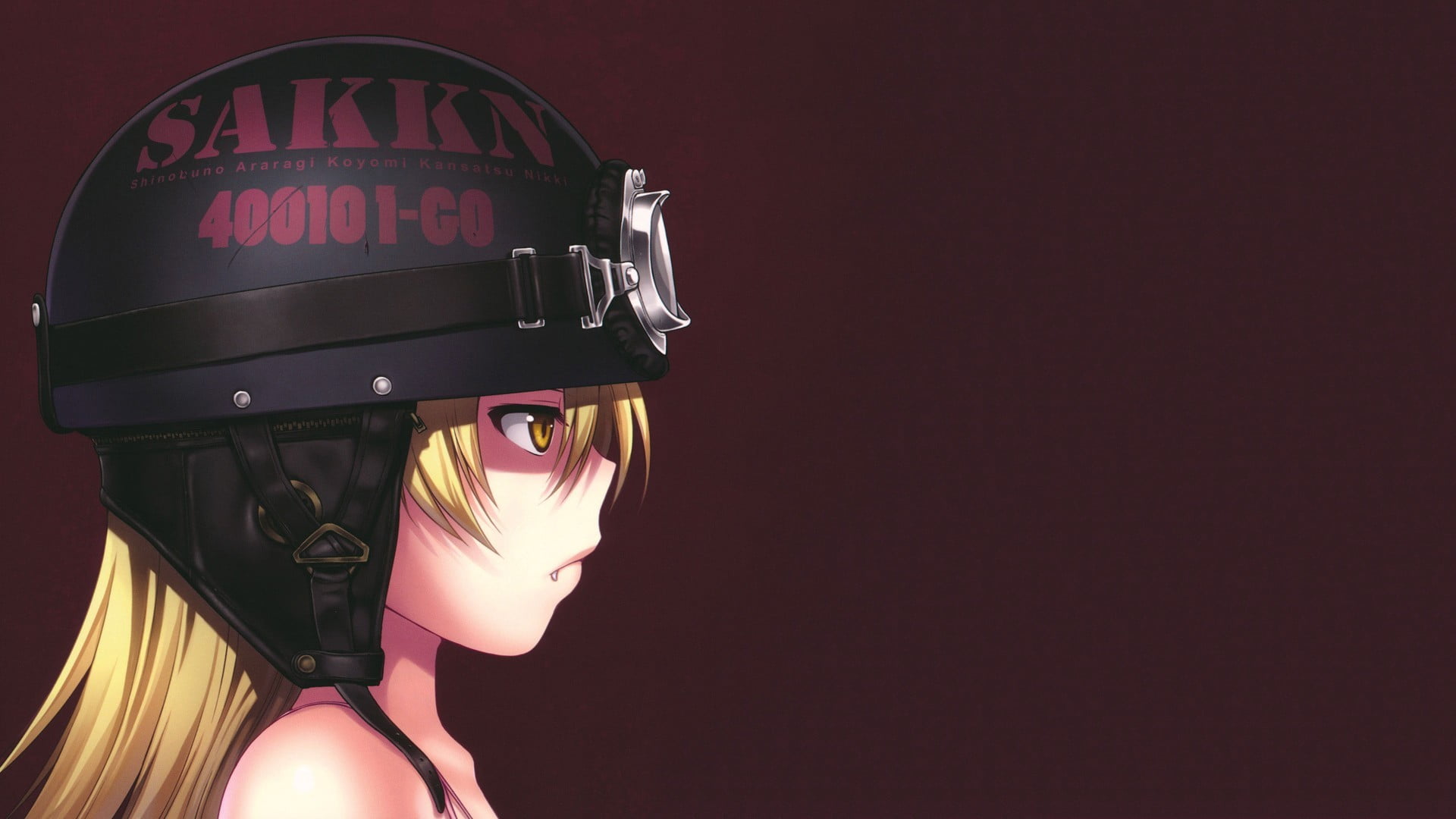 portrait, copy space, helmet, clothing, representation, human body part, yellow, vampires, Oshino Shinobu, anime, illustration, 1080P, Monogatari Series, HD Wallpaper