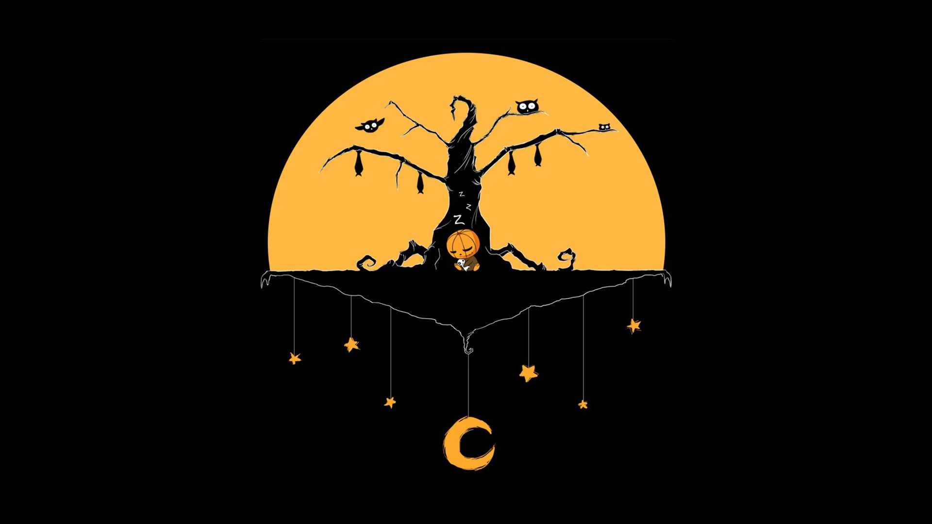 black background, stars, baby, bats, situation, holiday, owls, tree, artwork, sleeping, moon, branches, minimalism, digital art, pumpkin, Halloween, teddy bear, HD Wallpaper