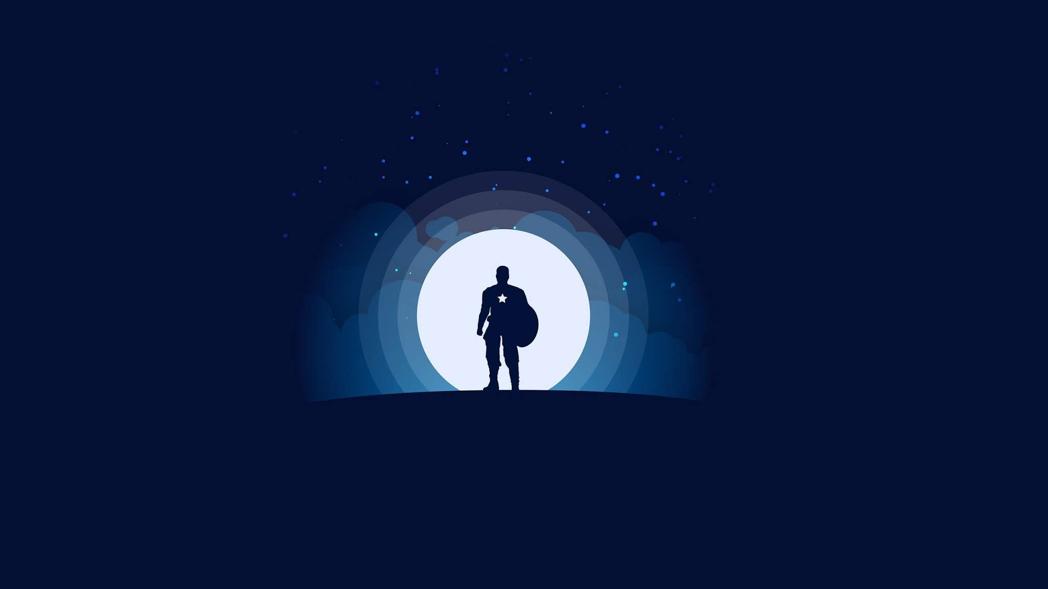 digital art, Captain America, moon, clouds, silhouette, blue background, superhero, shield, minimalism, stars, Marvel, simple background, artwork, 1080P, HD Wallpaper