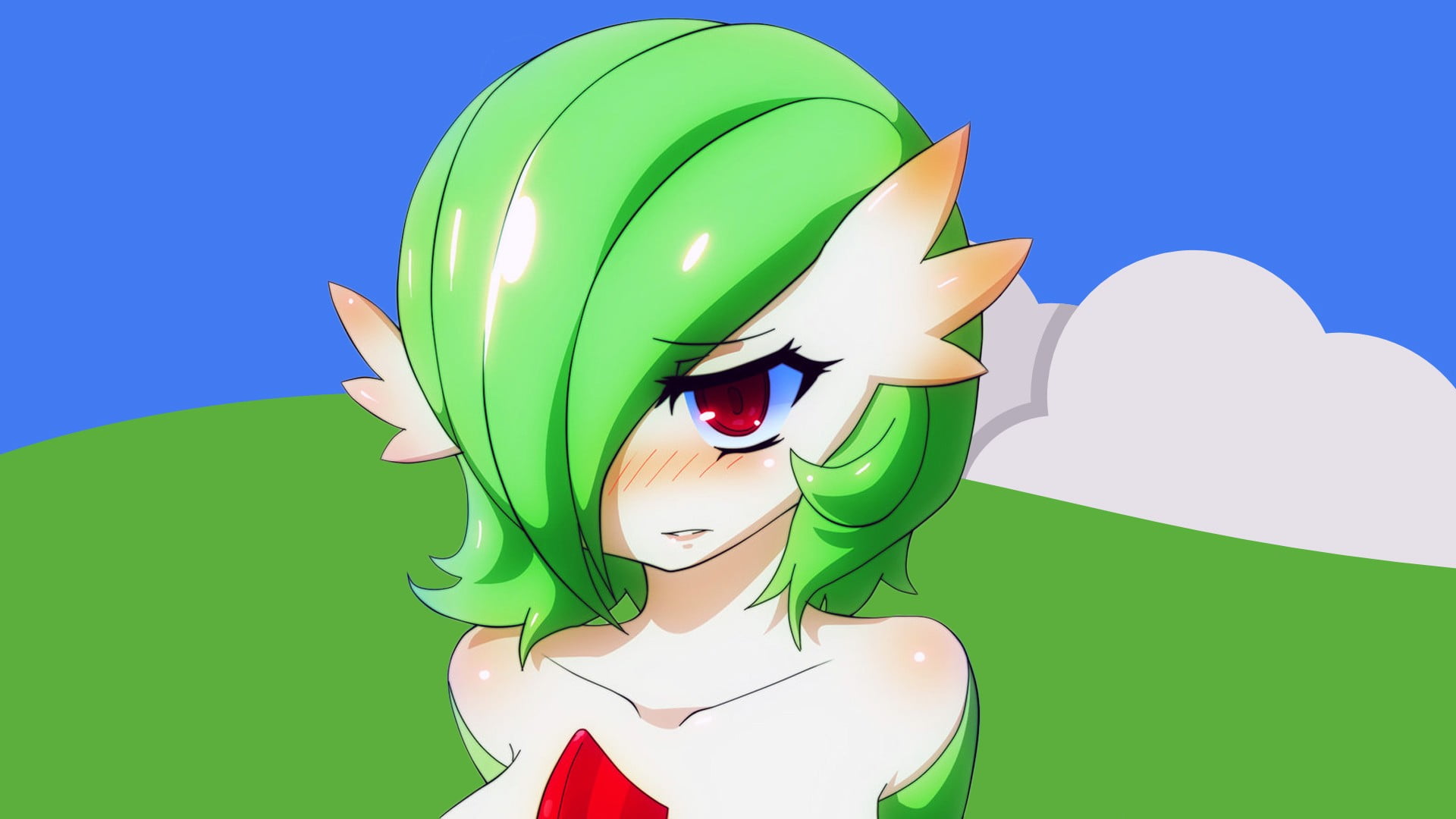 obscured face, colored background, headshot, lifestyles, clothing, blue, green color, nature, hair, females, beautiful woman, Gardevoir, young adult, character, HD Wallpaper