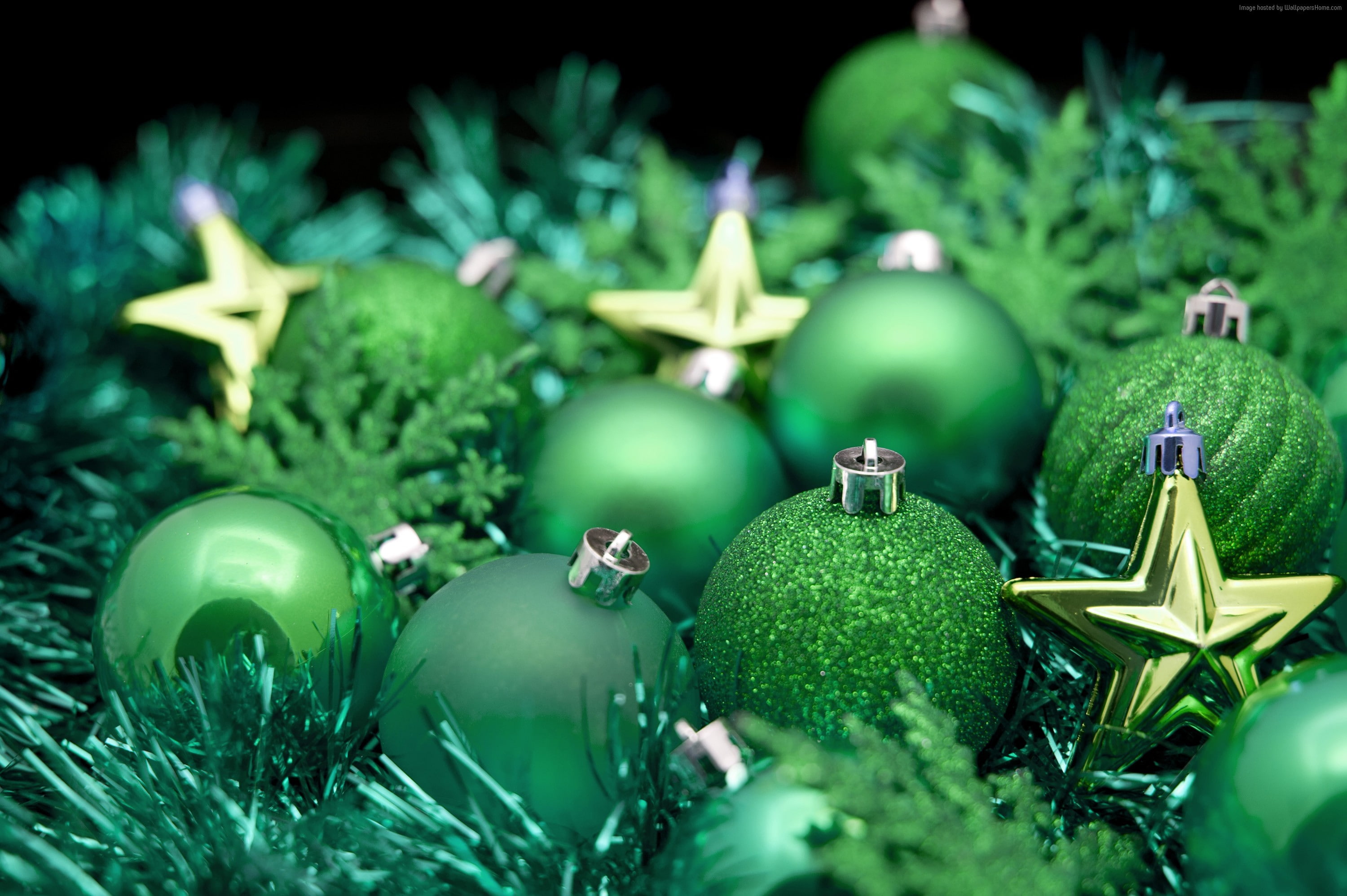 star, green, 2K, New year, Christmas, balls, decorations, HD Wallpaper