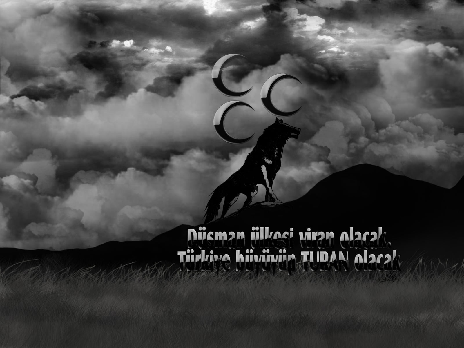 western script, outdoors, grass, land, one person, sky, day, illustration, wolf, architecture, text, landscape, 720P, Turkish, art, environment, motion, HD Wallpaper