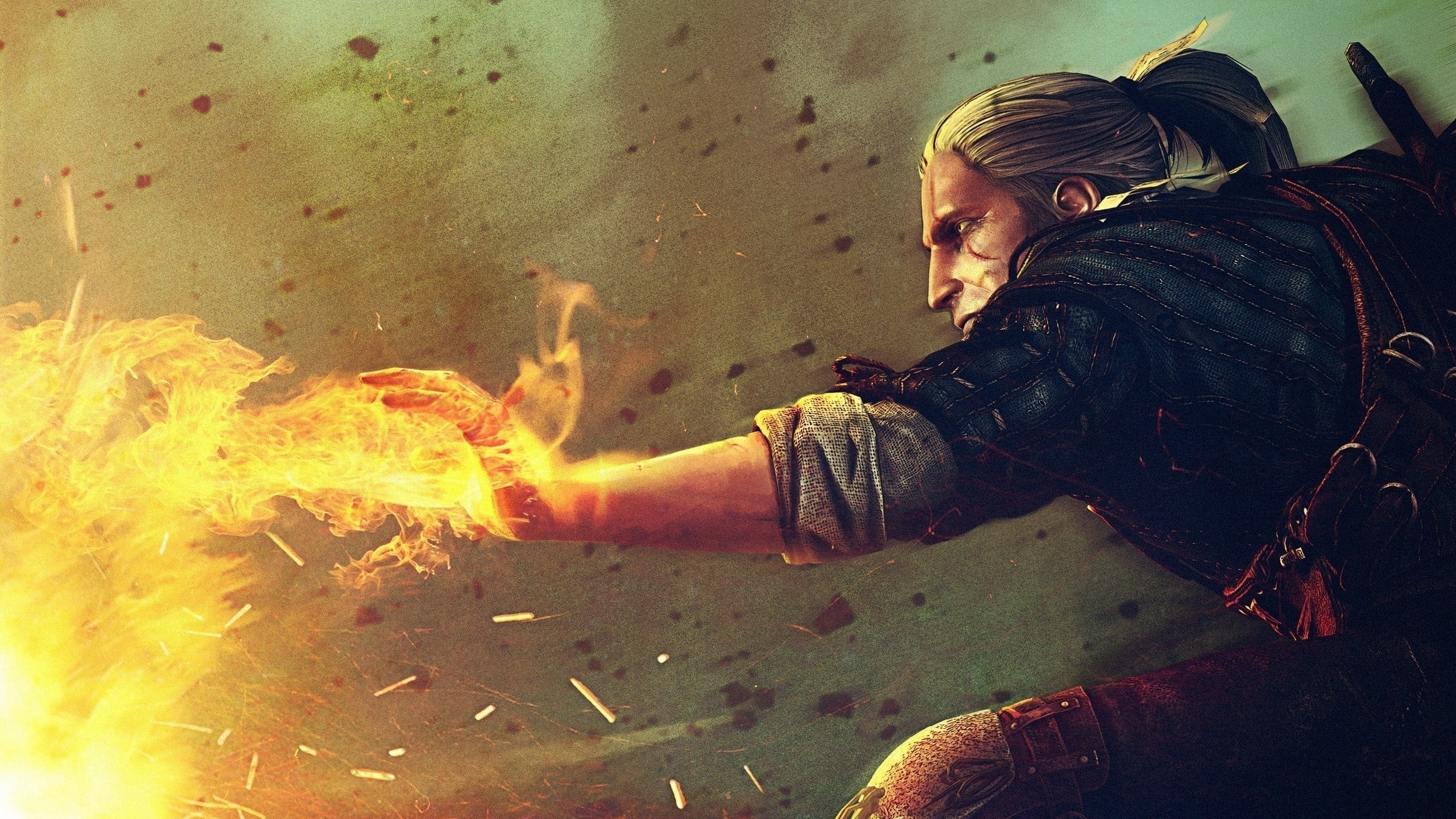 video games, digital, protection, occupation, holding, motion, The Witcher, The Witcher 2 Assassins of Kings, one person, fire, sign, burning, 2K, Geralt of Rivia, HD Wallpaper
