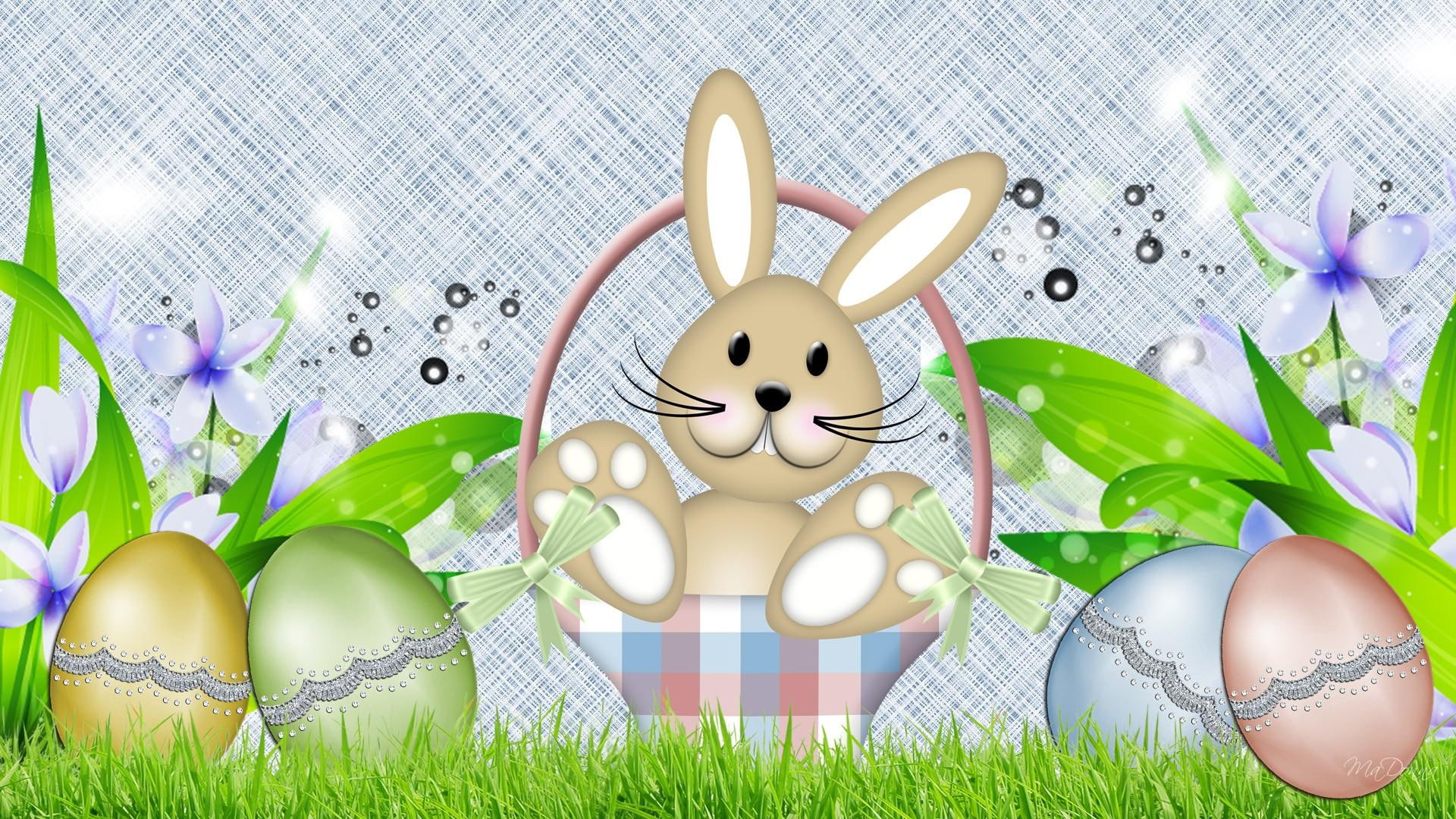 3d and abstract, rabbit, flowers, bunny, eggs, stars, grass, 1080P, spring, cute, persona, easter, HD Wallpaper