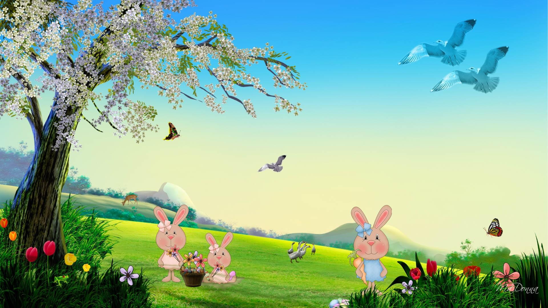 deer, holiday, trees, 1080P, ducks, bunny, spring, basket, birds, easter, 3d and abstract, flowers, HD Wallpaper