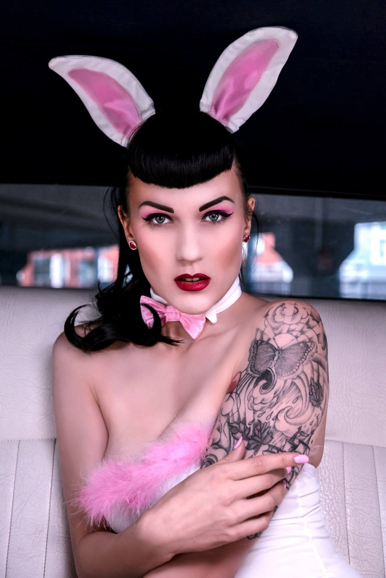 young women, clothing, tattoo, easter, indoors, hairstyle, 1080P, real people, waist up, beauty, pink color, bunny, one person, playboy, beautiful woman, Phone HD Wallpaper