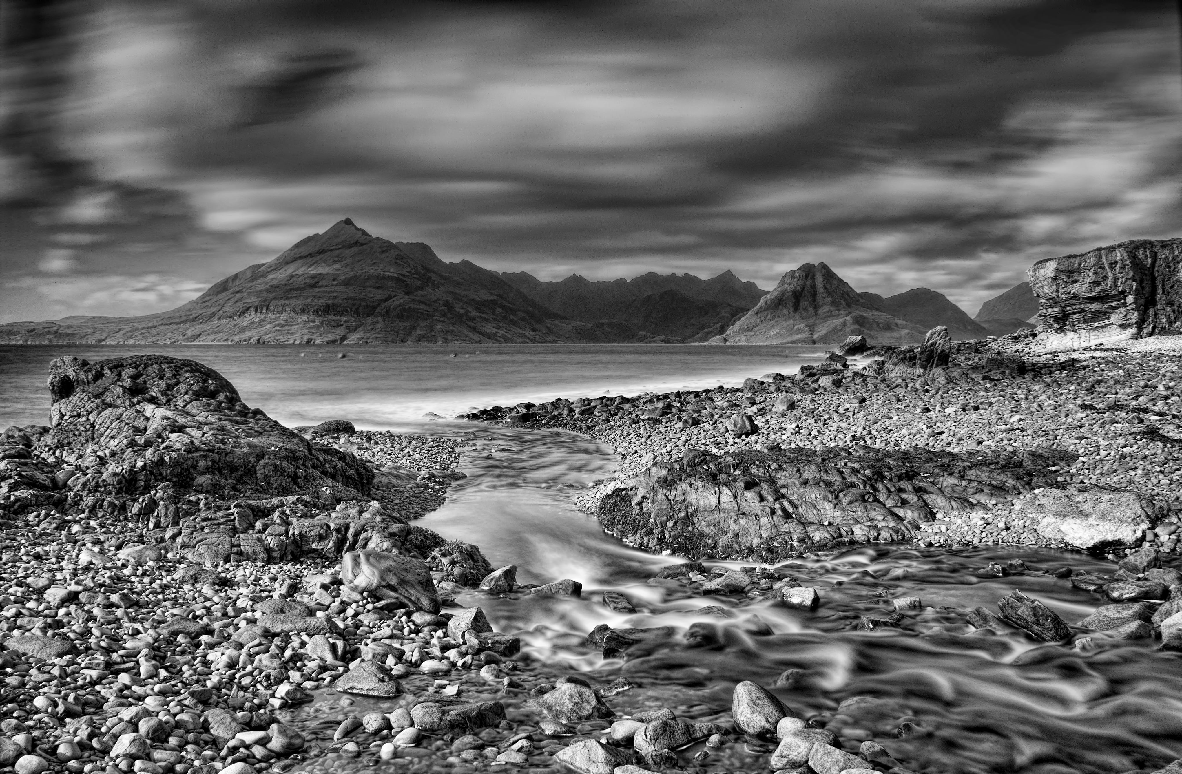 mountain, grayscale, outdoors, Elgol, nature, black And White, Cuillin, 4K, beside, rock - Object, photography, scenics, Mono, sea, Beach, landscape, HD Wallpaper