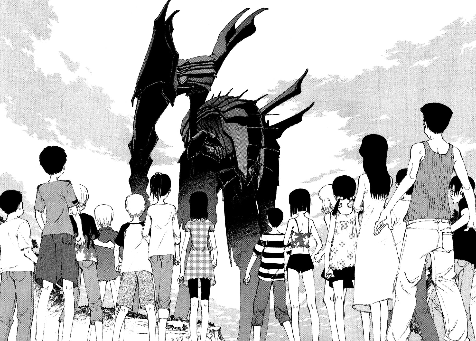 group of people, group, built structure, woman, crowd, Bokurano, man, monochrome, 1080P, manga, women, photo, outdoors, day, building exterior, grayscale, HD Wallpaper