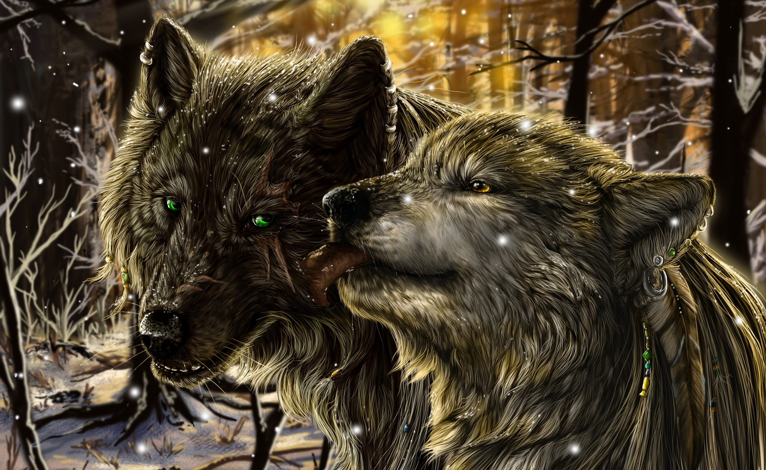 Love, wet, illustration, dog, mammal, 2K, animal family, animal themes, pets, Wolves, whisker, group of animals, vertebrate, Fantasy, Artistic, two animals, HD Wallpaper