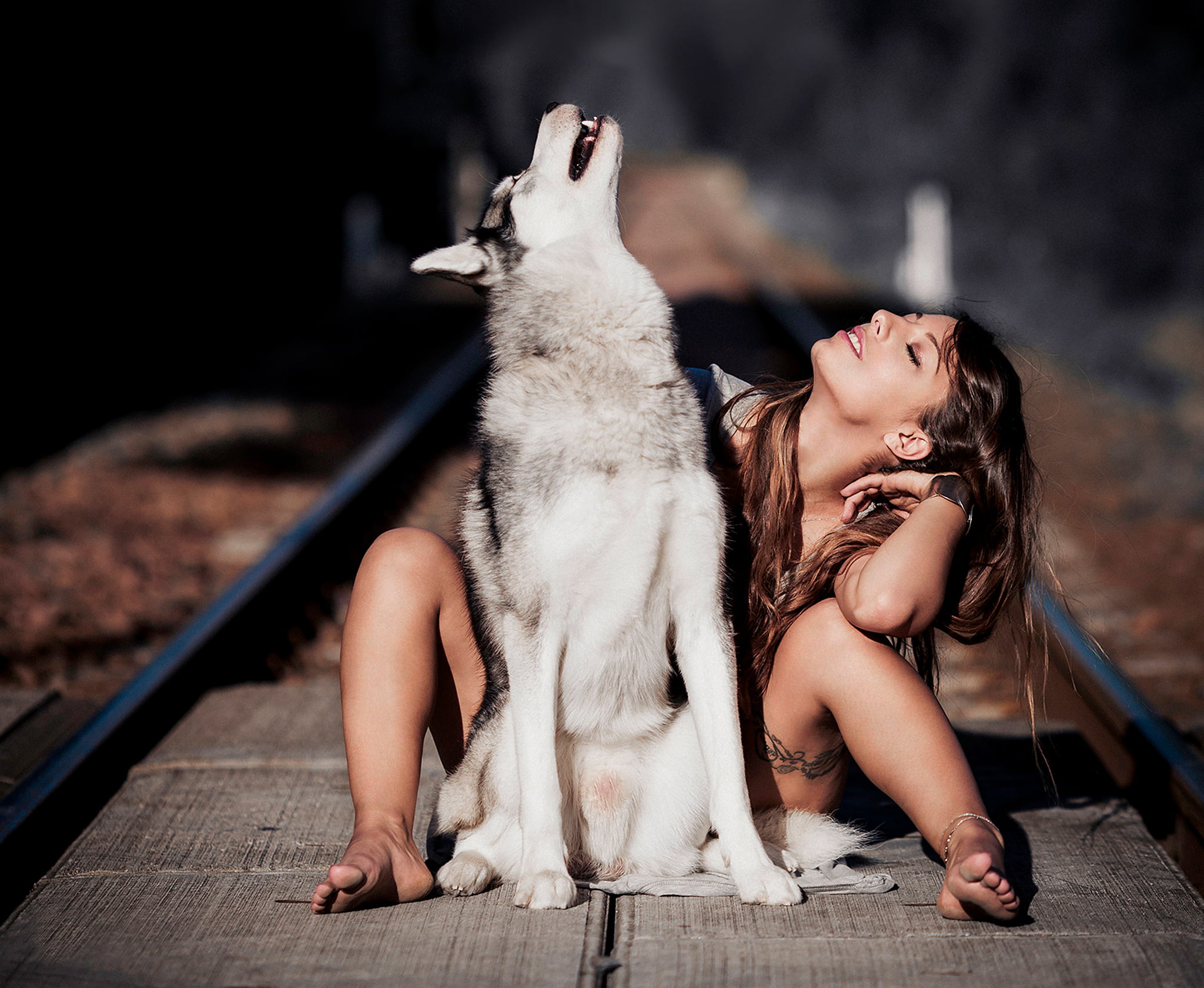 one animal, females, brown hair, beautiful, dog, black, women, girl, friendship, lifestyles, rails, embracing, siberian, enjoyment, domestic Cat, full length, HD Wallpaper