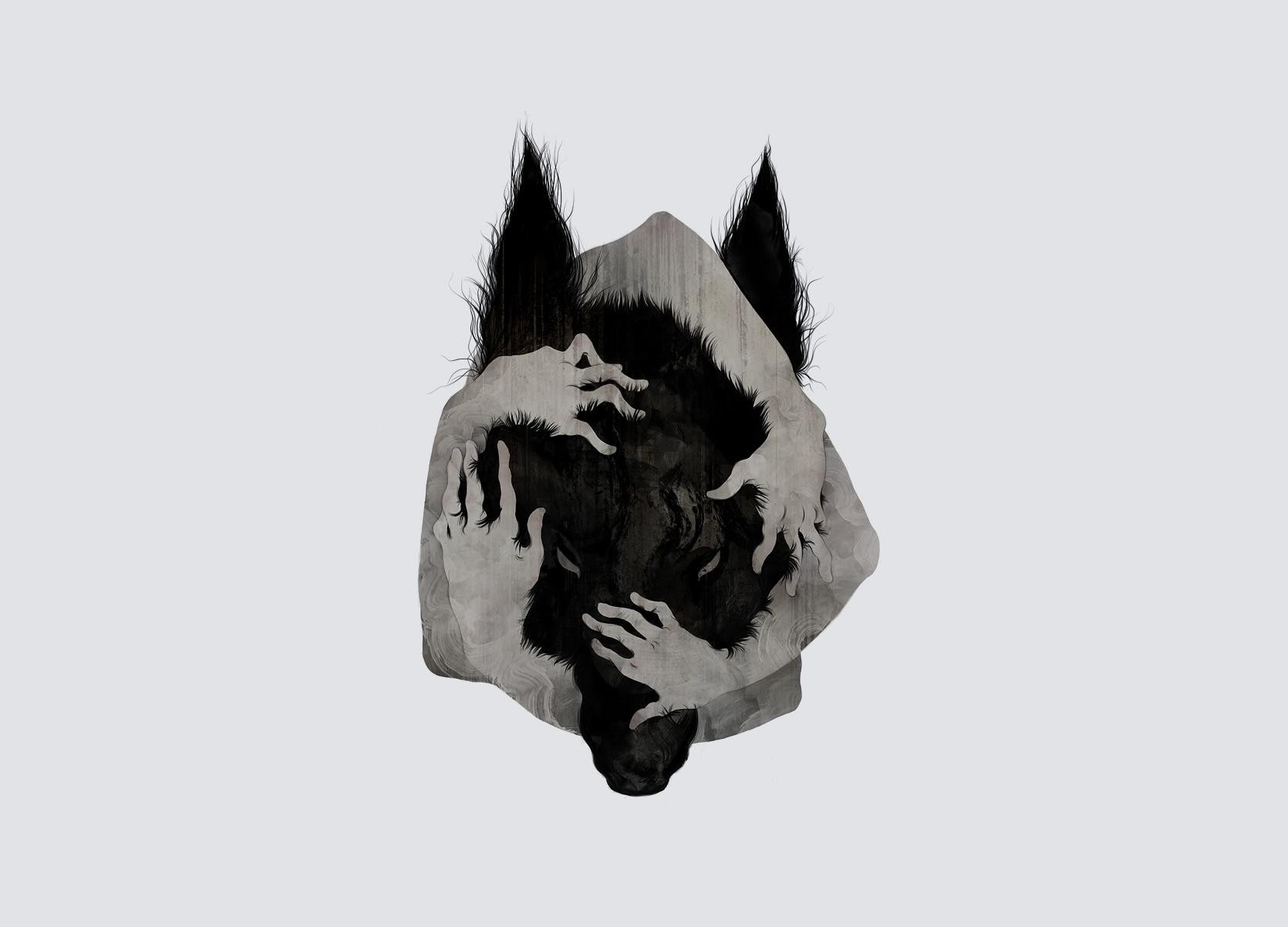 hands on head, hands, wolf, artwork, simple background, minimalism, werewolves, 720P, HD Wallpaper