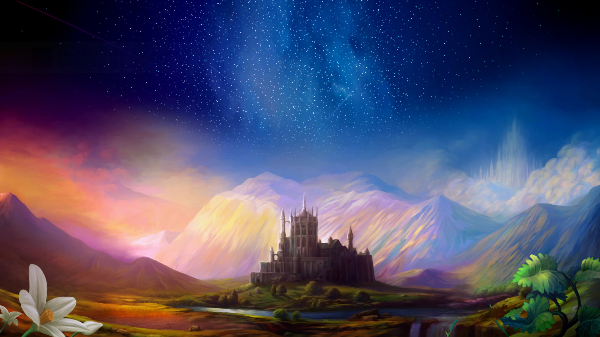 artwork, place of worship, Games, night, building, plant, outdoors, nature, sky, 1080P, castle, religion, spirituality, plants, stars, architecture, building exterior, HD Wallpaper