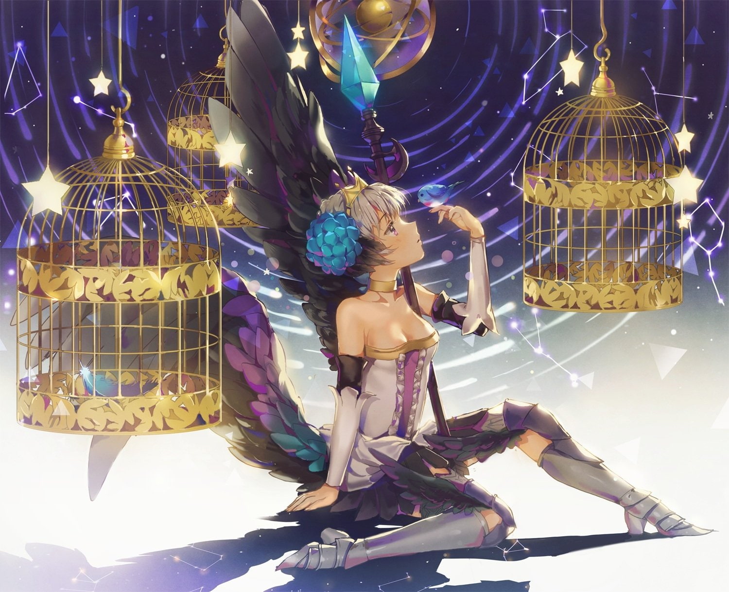 Armor, Wings, Crown, White Hair, Bird, 720P, Purple Eyes, Flower, Video Game, Birdcage, Short Hair, Odin Sphere, HD Wallpaper