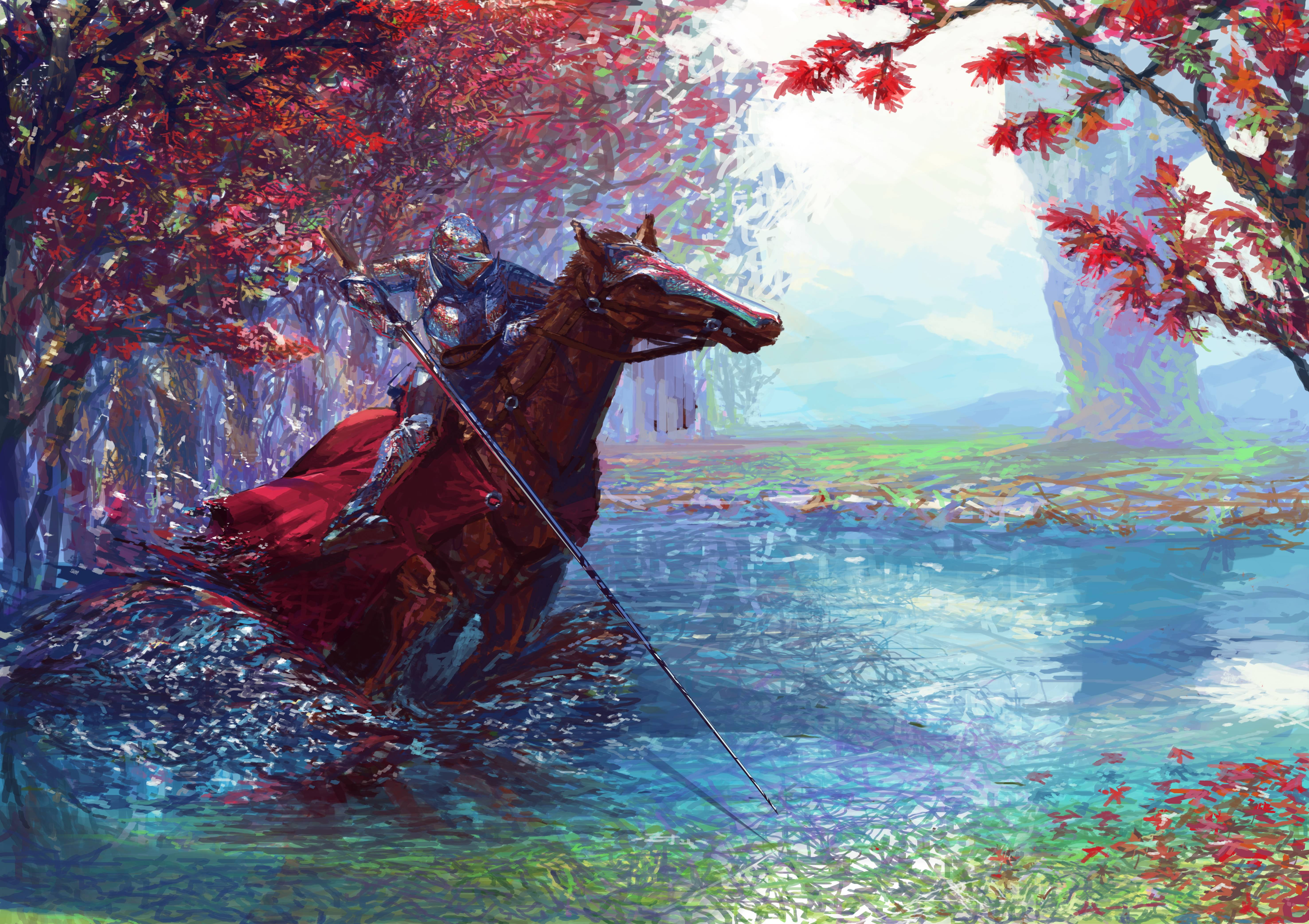 weapon, spear, armor, artwork, forest, 5K, fantasy art, pearls, digital art, horse, fantasy, river, painting art, warrior, Knight, trees, colorful, HD Wallpaper