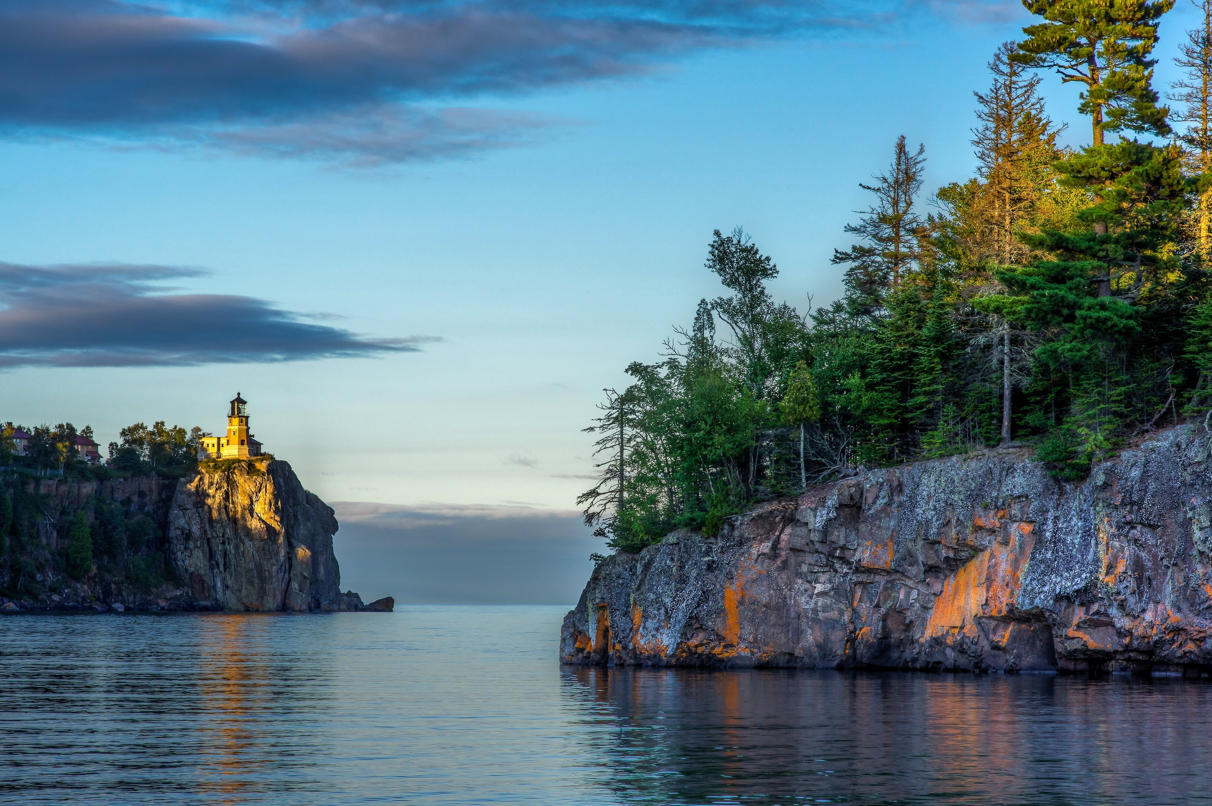 tree, tranquility, architecture, outdoors, waterfront, sea, Top of the lake, Great Lakes, nature, pine, solid, scenics - nature, 4K, cloud - sky, rock formation, HD Wallpaper