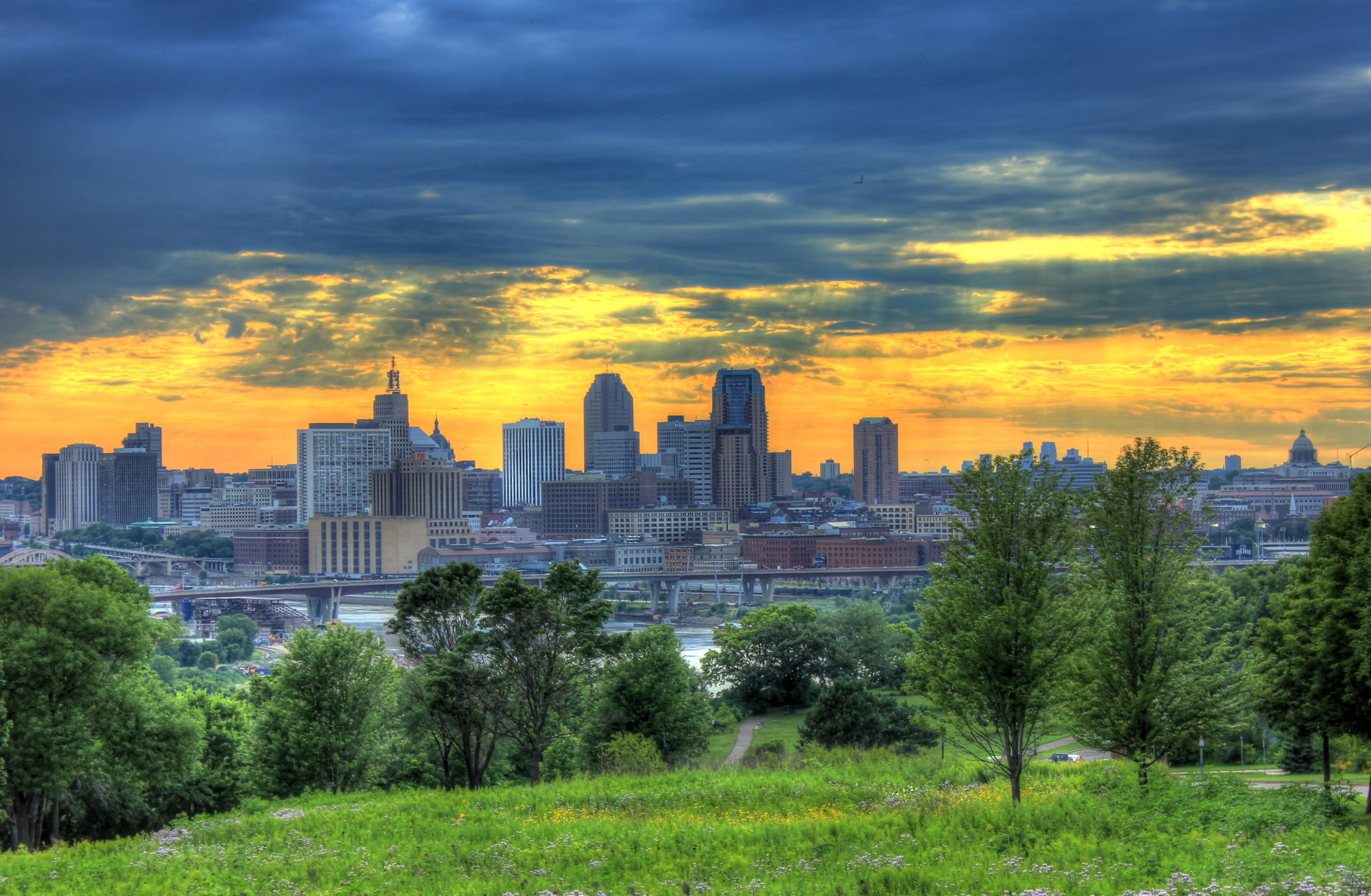 clouds, minneapolis, tree, grass, trees, travel destinations, built structure, landscape, city, skyscraper, aerial, sunset, dusk, minnesota, nature, building, HD Wallpaper