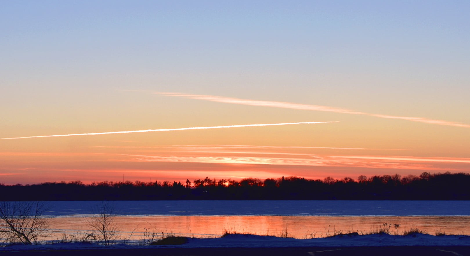 sky, 720P, sunset, beauty in nature, tranquil scene, water, scenics - nature, ice, tree, cold temperature, winter, snow, lake, frozen, orange color, non-urban scene, HD Wallpaper