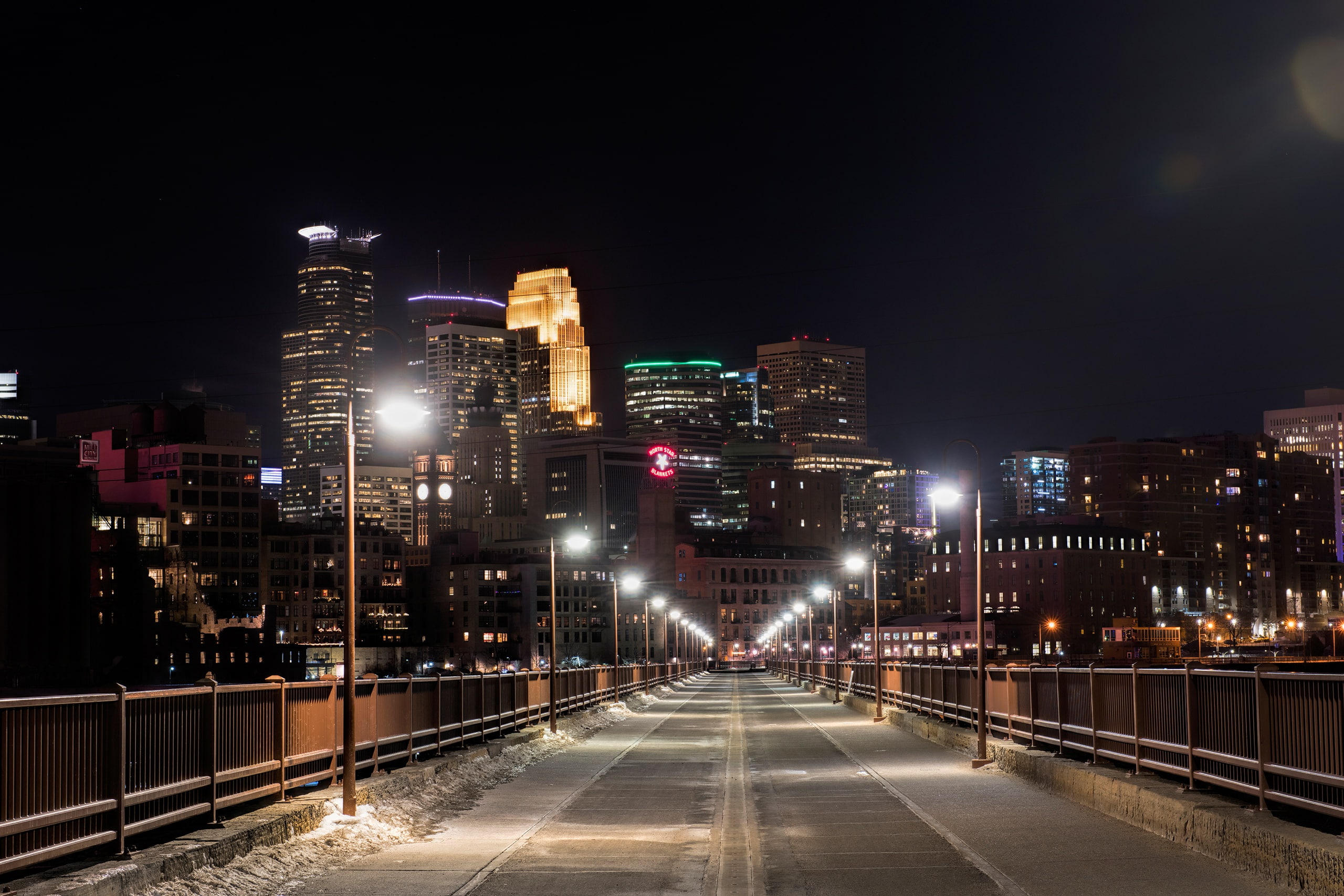 snow, home, USA, night, 2K, Minnesota, lights, bridge, Minneapolis, HD Wallpaper