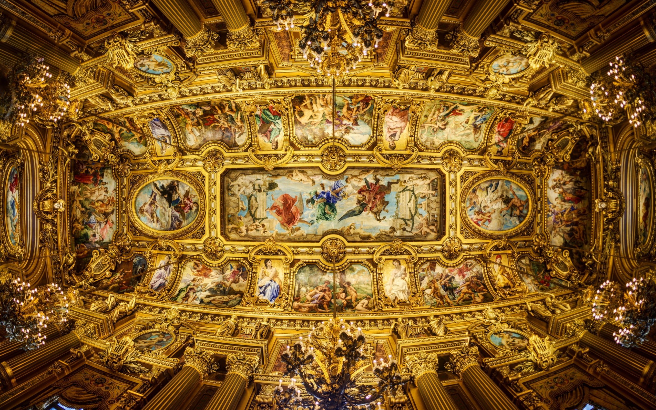 paintings, painting, paris, opera, 2K, chandeliers, garnier, columns, ceiling, grand, HD Wallpaper