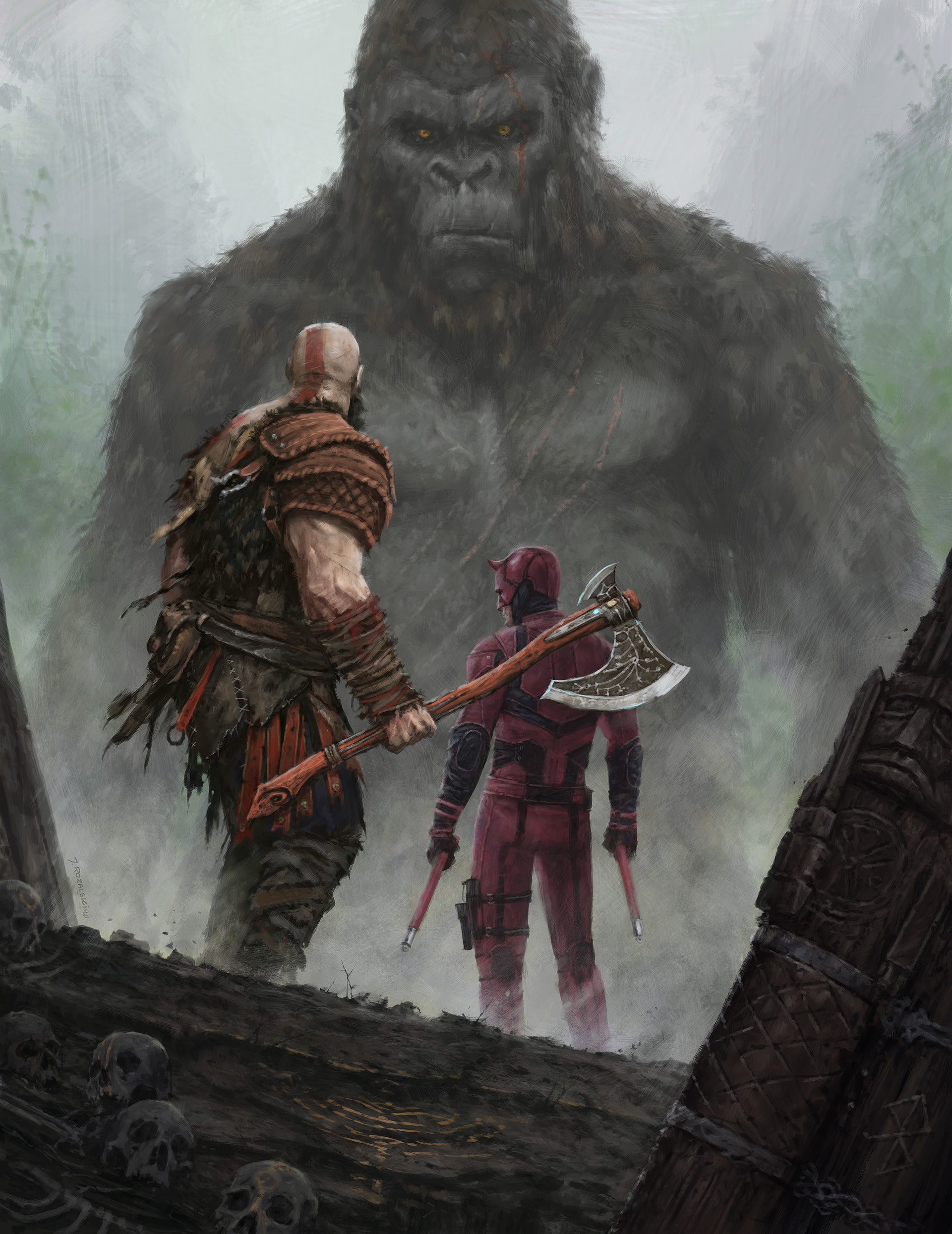 King Kong, Daredevil, low angle view, human representation, religion, outdoors, video games, Video Game Art, fog, clothing, ape, nature, 1080P, mammal, Phone HD Wallpaper