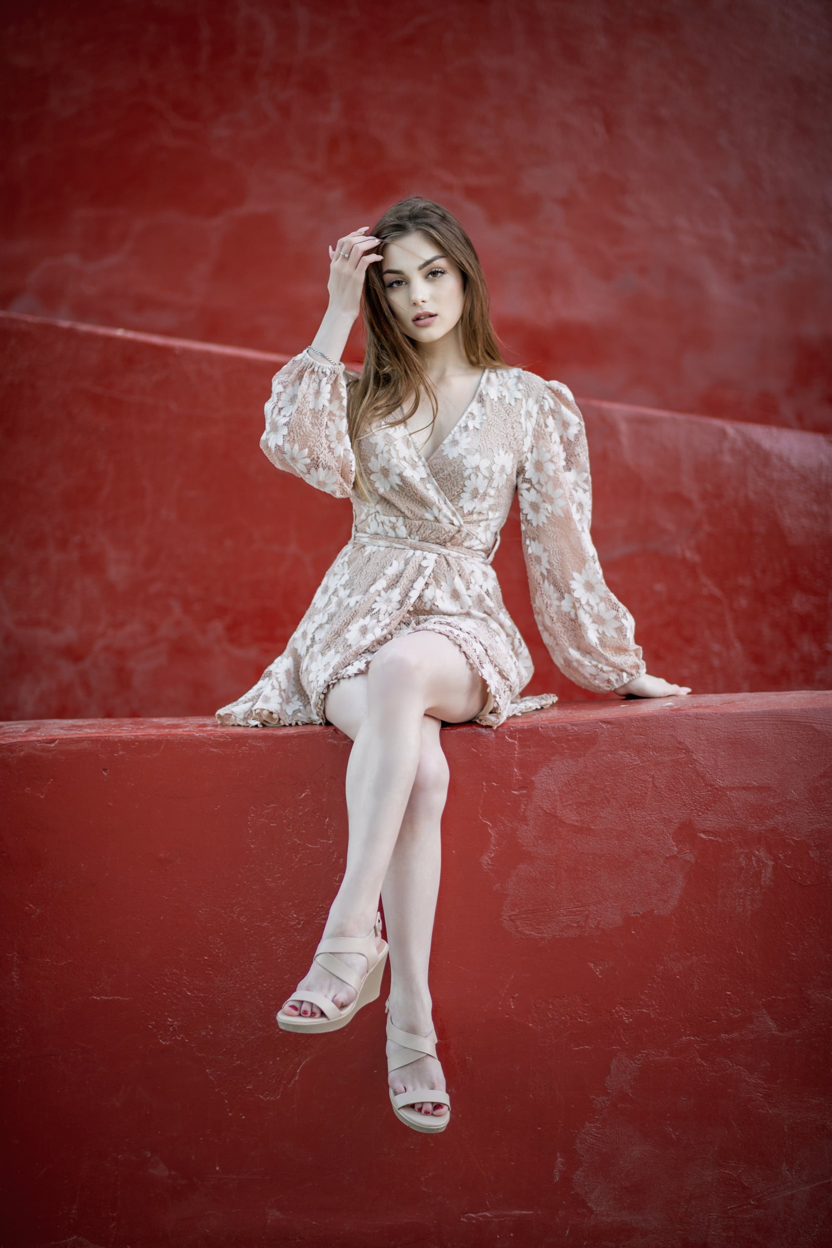 brunette, 1080P, sandals, W Darius, red, legs crossed, looking at viewer, long hair, dress, women, Phone HD Wallpaper