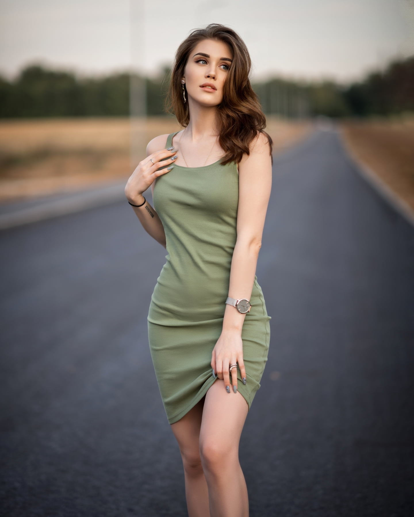 women, brunette, long hair, looking away, road, 720P, W Darius, green clothing, dress, Phone HD Wallpaper