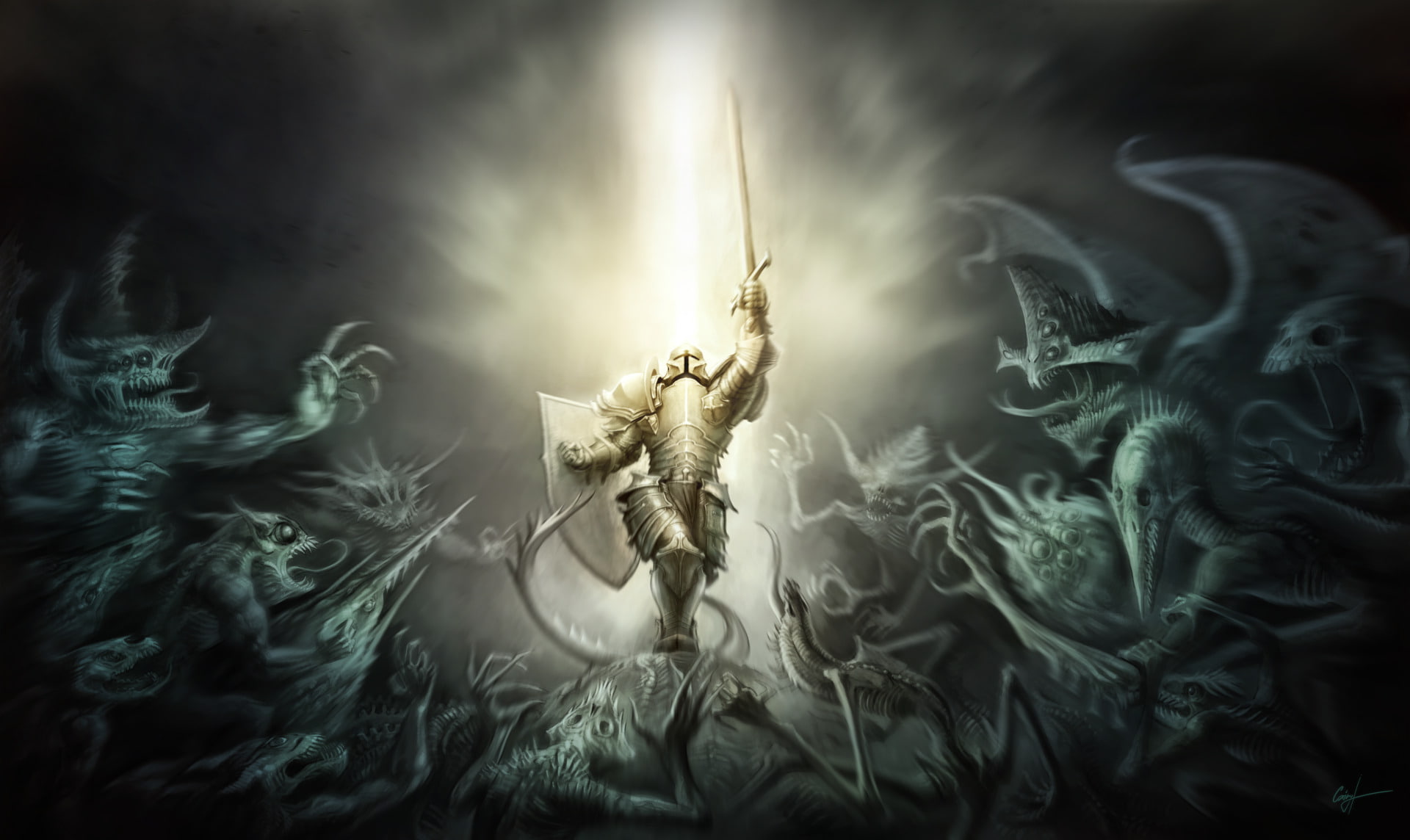 no people, grass, fear, Demon, Fantasy, Shield, smoke - physical structure, plant, dark, 1080P, tree, nature, human representation, close-up, horror, growth, HD Wallpaper