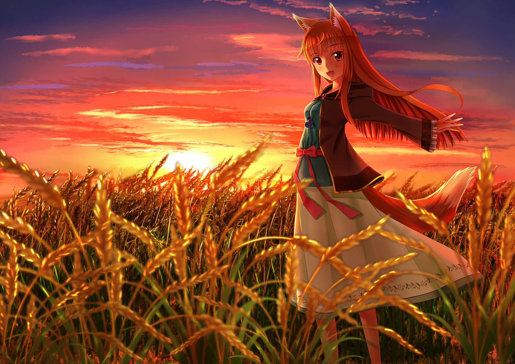 Rye, Sun, Red head, Anime, Redhead, Eyes, Red hair, Ears, Red, Horo, Spice and Wolf, Wolf, 1080P, The sun, Tail, Holo, Field, Wheat, HD Wallpaper