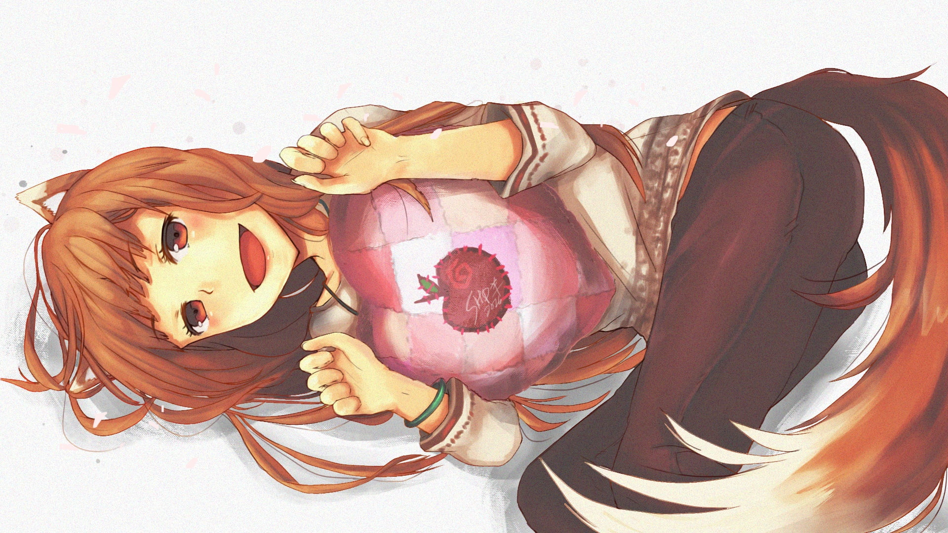 smile, Spice and Wolf, art, ears, pants, Apple, heart, tail, Sheepfold, 1080P, Holo, Horo, red, HD Wallpaper