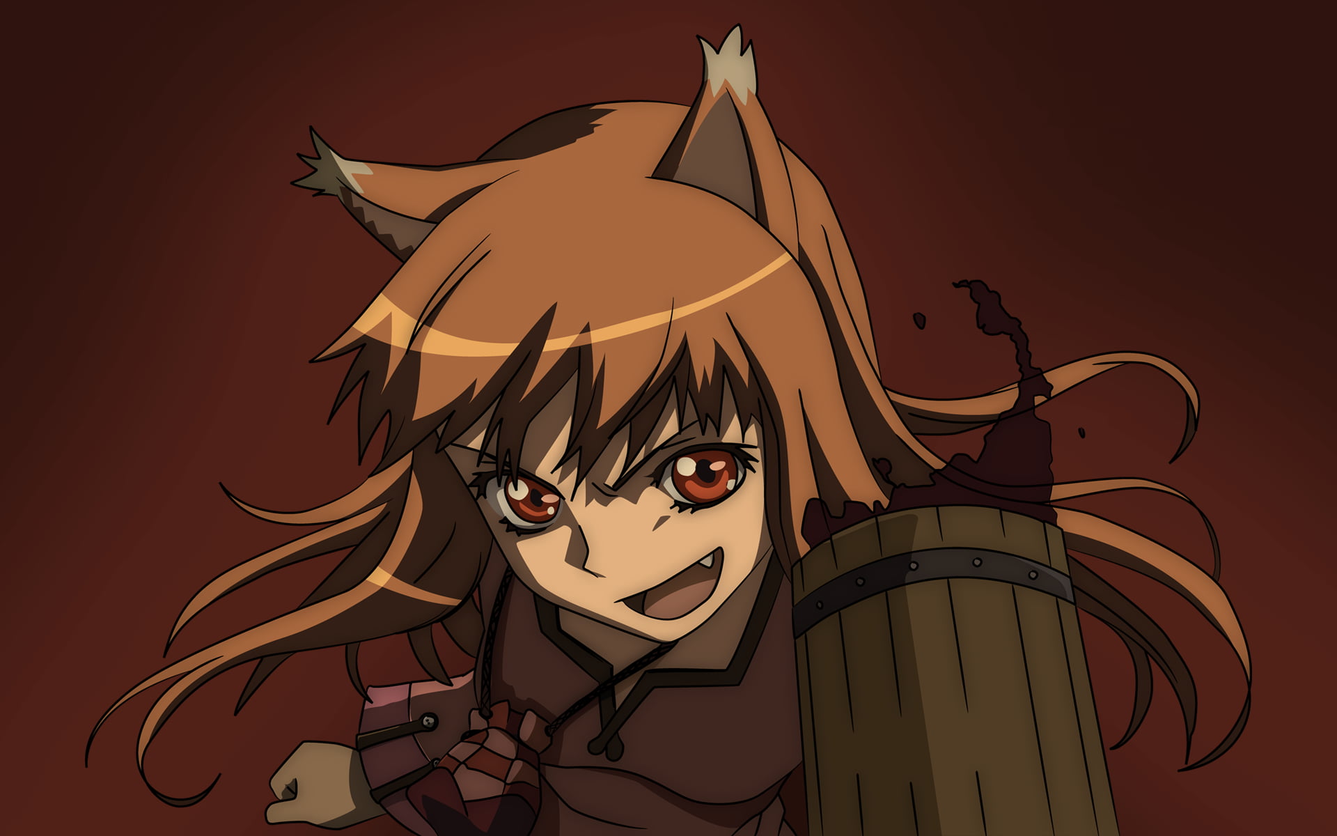 animal ears, spice, orange eyes, long hair, red, black color, colored background, Okamimimi, art and craft, Spice and Wolf, anime, redhead, 1080P, costume, HD Wallpaper