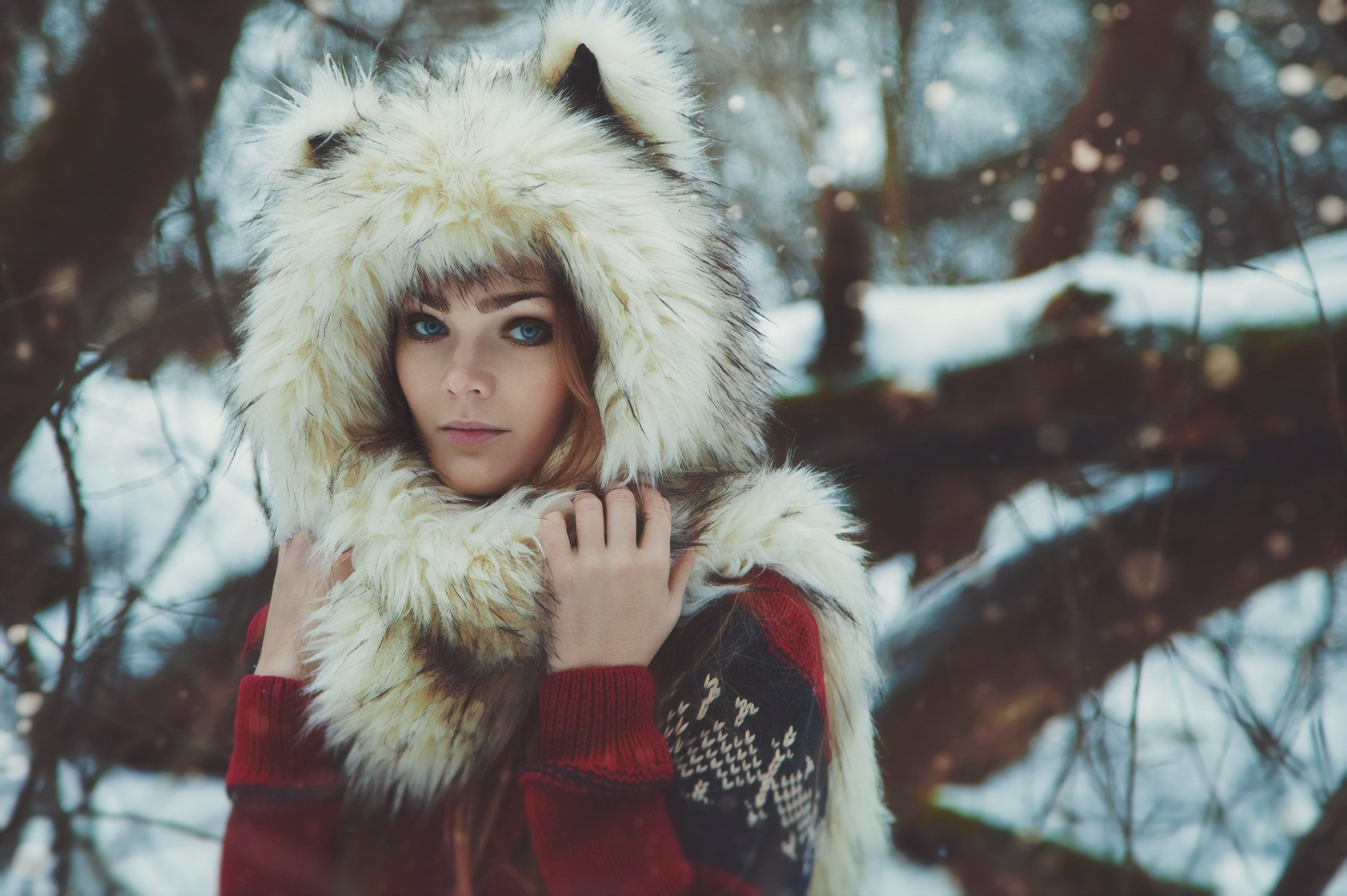 forest, hoods, 5K, women, fur, wolf ears, winter, HD Wallpaper