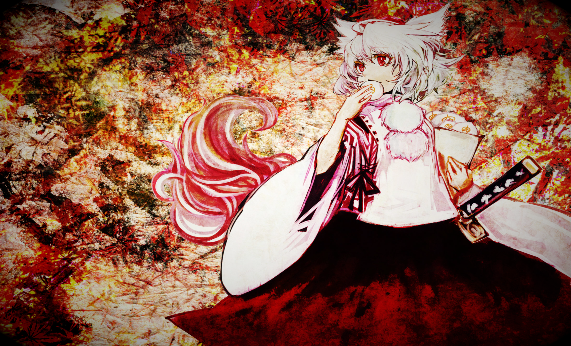 one person, leisure activity, 1080P, anime girls, adult, leaf, plant, Touhou, real people, minimalism, anime, obscured face, nature, red, abstract, high angle view, HD Wallpaper