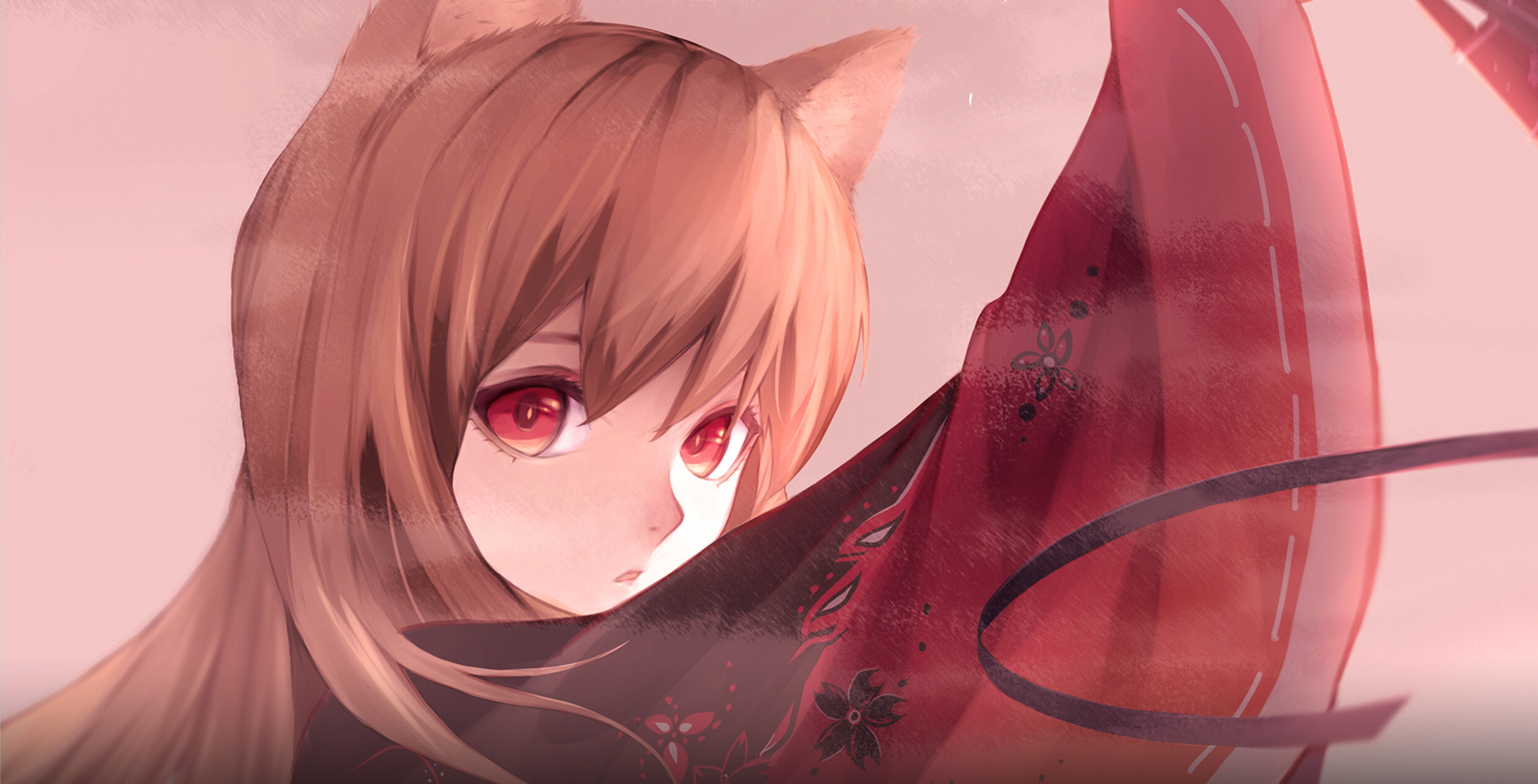Holo, Spice and Wolf, wolf ears, simple background, Okamimimi, 8K, looking at viewer, Holo (Spice and Wolf), Holo (Wolf and Spice), red eyes, HD Wallpaper
