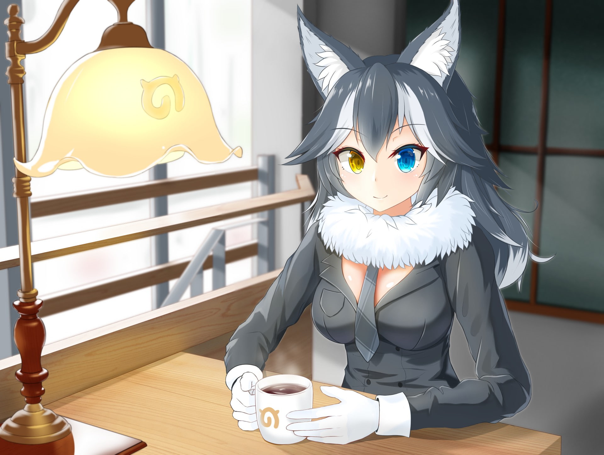 heterochromia, Kemono Friends, drink, long hair, gloves, wolf girls, tie, anthropomorphism, animal ears, 1080P, gray hair, collars, HD Wallpaper