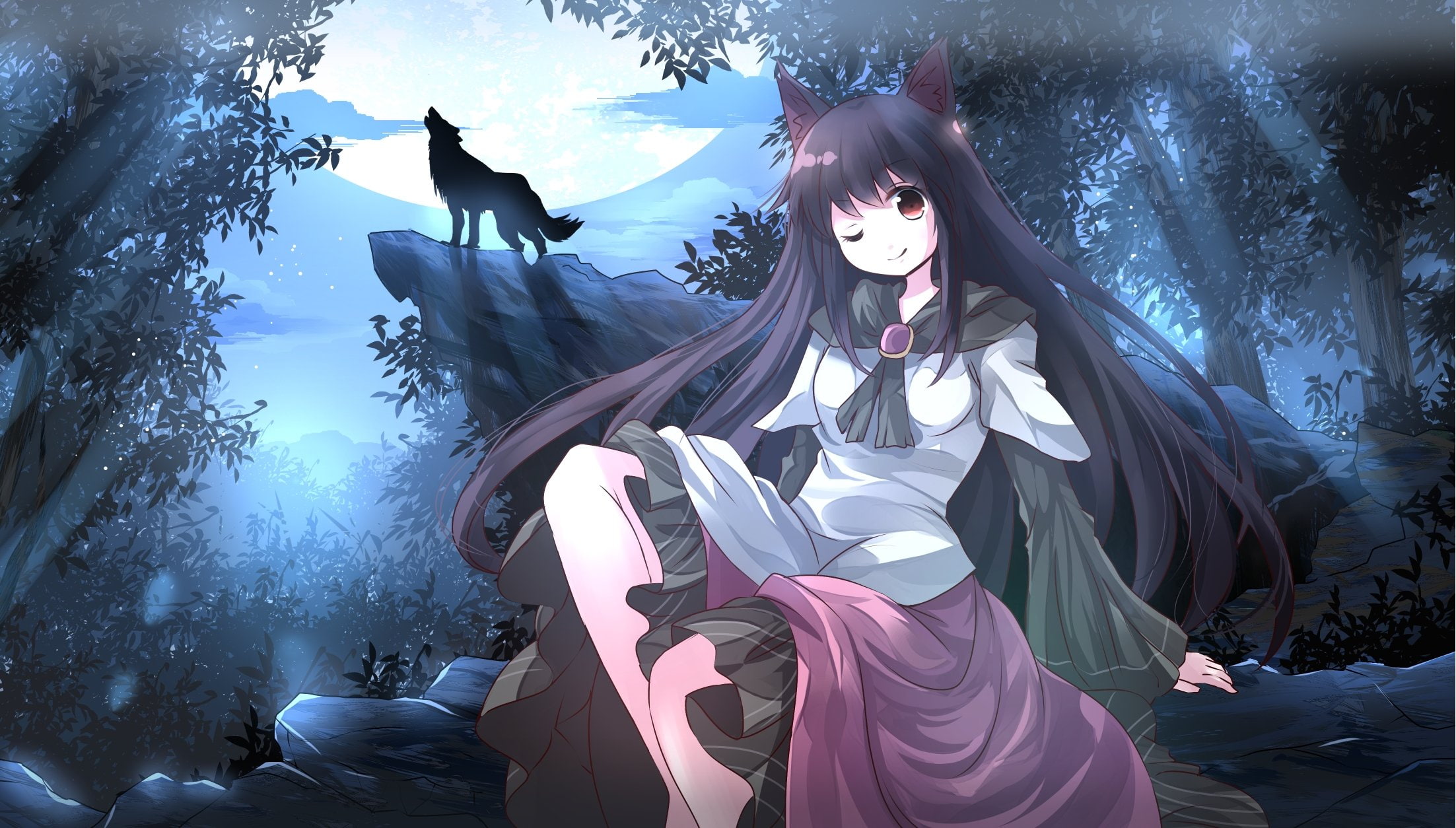 forest, animal, imaizumi, touhou, ears, moon, 1080P, tree, night, risutaru, wolf, kagerou, HD Wallpaper