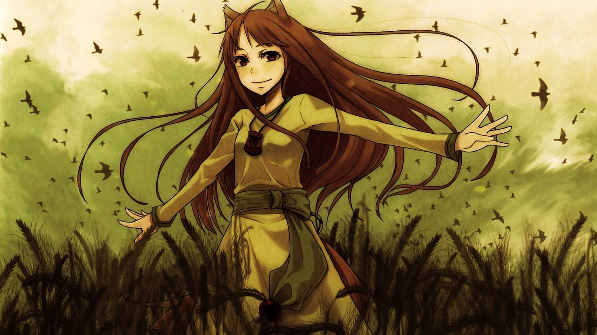 portrait, adult, outdoors, Spice and Wolf, plant, anime, beautiful woman, nature, hair, 1080P, Okamimimi, beauty, fashion, clothing, front view, painting, HD Wallpaper