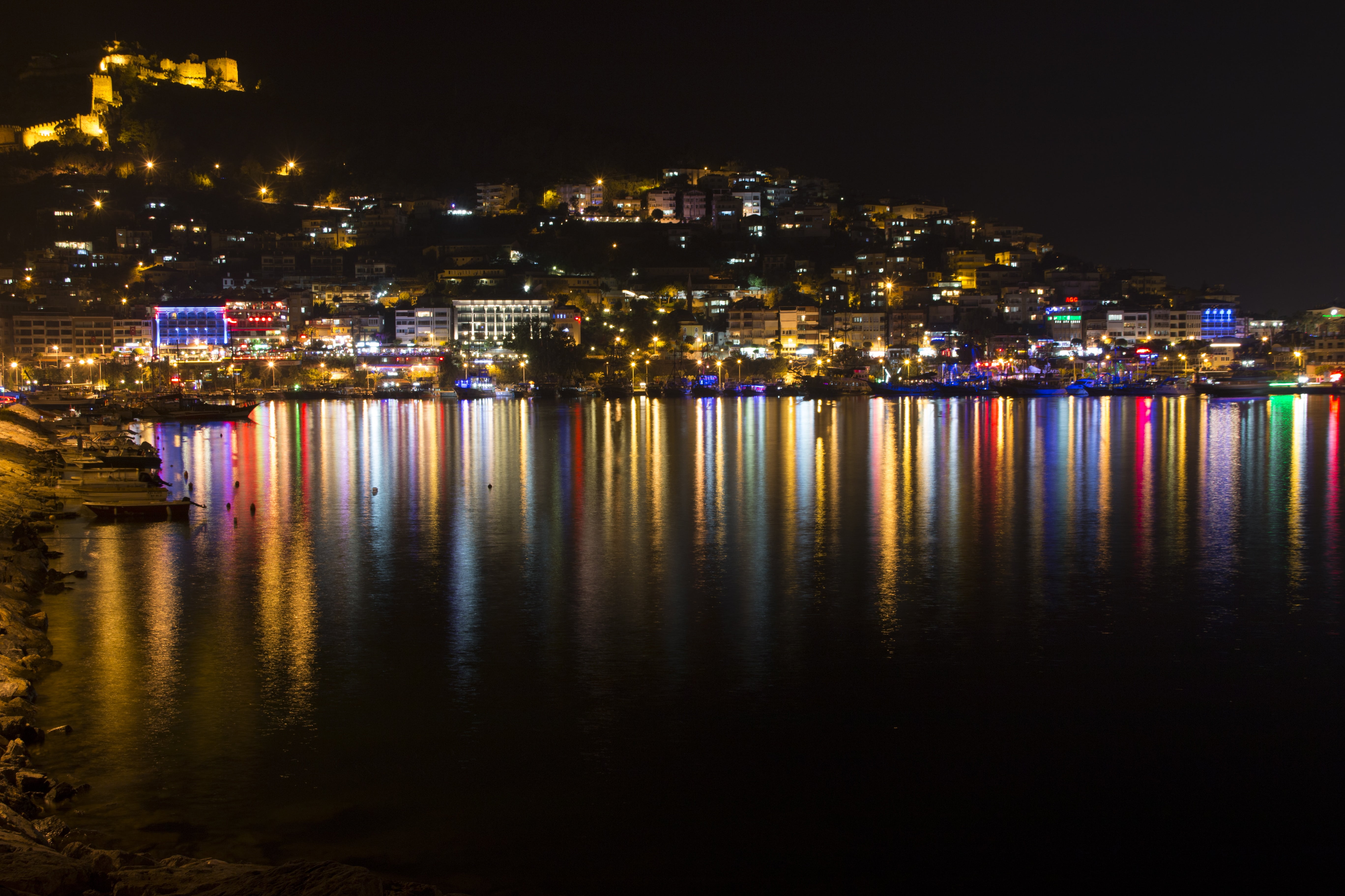outdoors, skyscraper, city life, alanya castle, sea, illuminated, architecture, bay, cityscape, built structure, blue, harbor, coastline, nature, turkey, HD Wallpaper