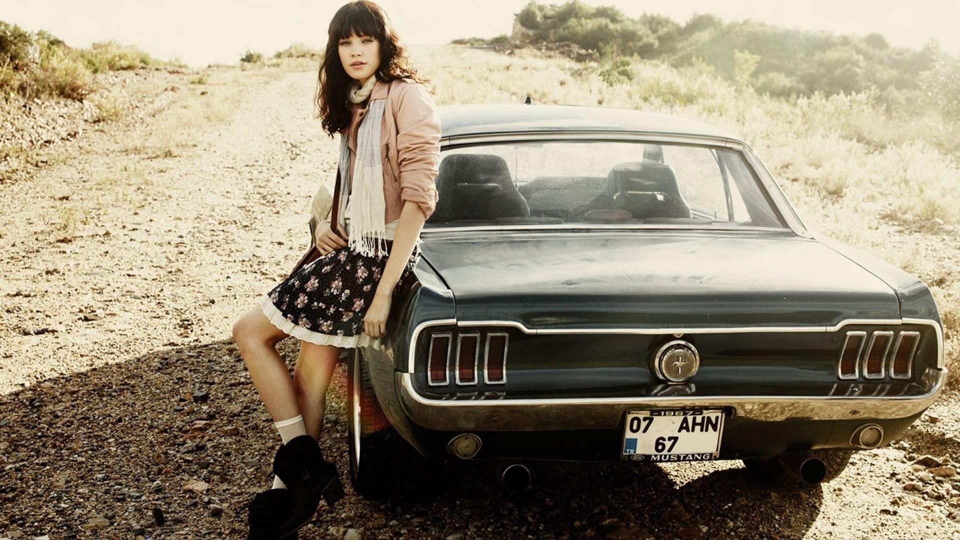 scarf, 1080P, skirt, women with cars, bangs, women outdoors, Ford Mustang, women, path, legs, muscle cars, Antalya, Ford, car, brunette, Turkey, HD Wallpaper