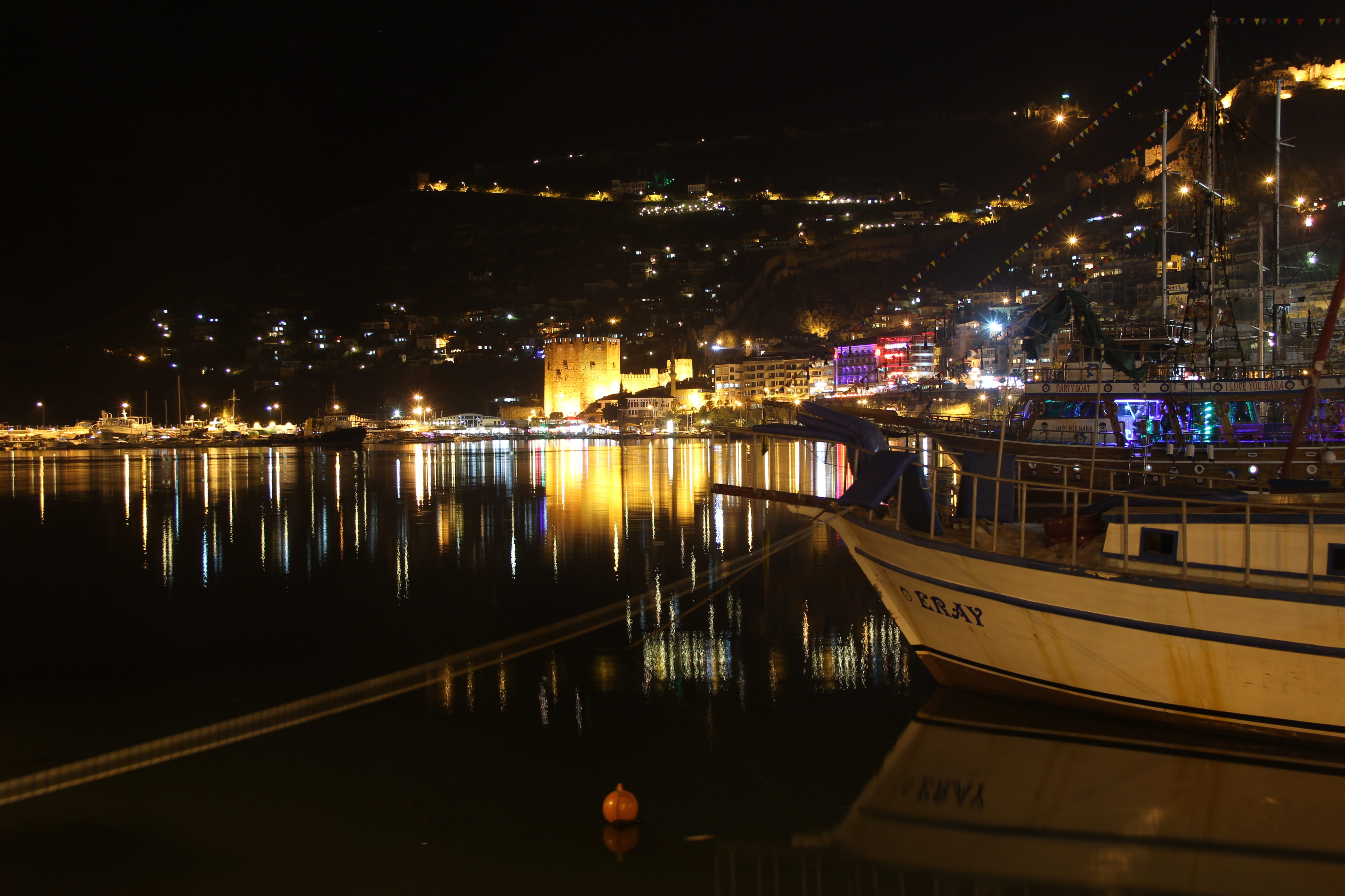 illuminated, Turkey, views of the sea, building exterior, nautical vessel, bridge, reflection, antalya mediterranean, river, marine, Night, nature, transportation, HD Wallpaper