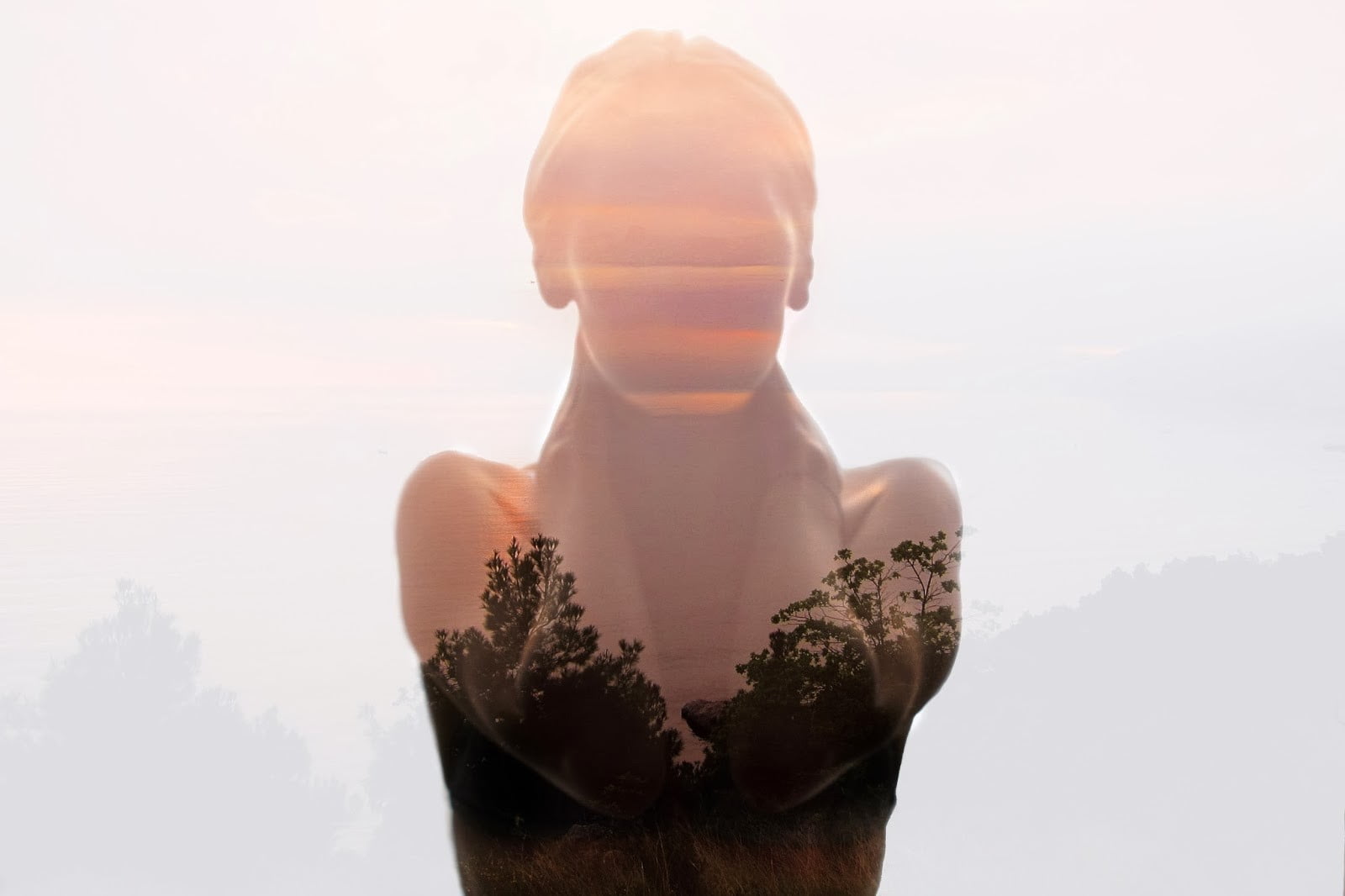 multiple exposure, front view, contemplation, shirtless, sky, human representation, waist up, 720P, digital composite, one person, double exposure, photo manipulation, HD Wallpaper