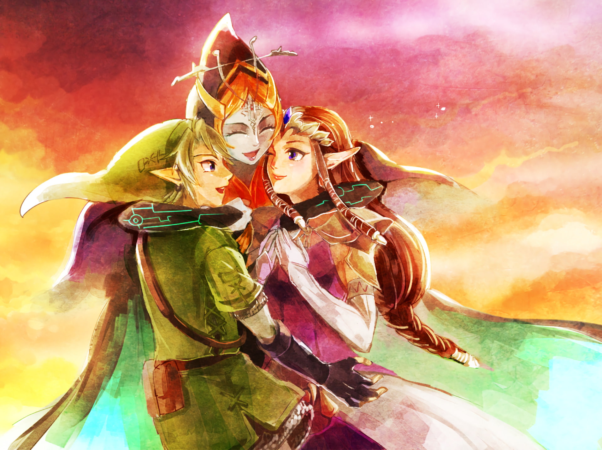 Link, emotion, Midna (The Legend of Zelda), multi colored, belief, men, celebration, water, religion, representation, Zelda, spirituality, smoke - physical structure, HD Wallpaper