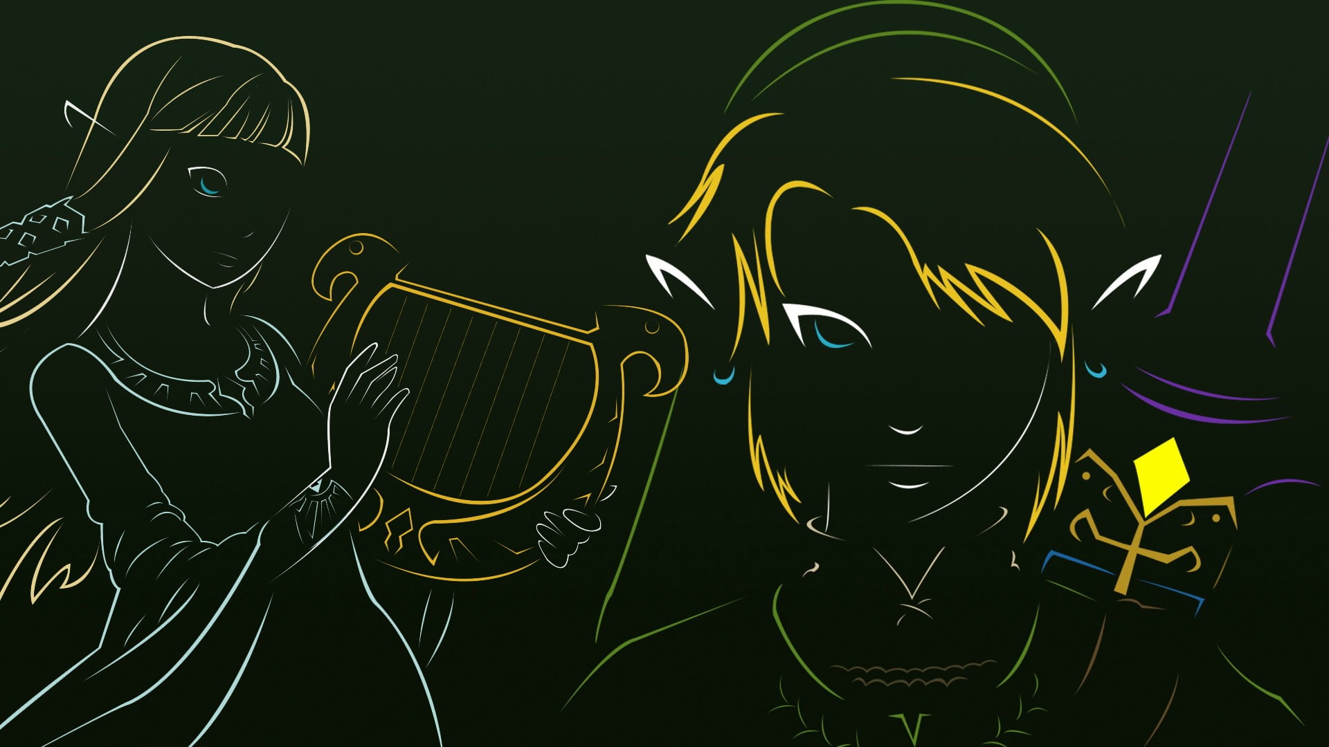 animal themes, 1080P, no people, The Legend of Zelda, harp, abstract, nature, black background, animal, playing, pattern, creativity, outdoors, Princess Zelda, HD Wallpaper