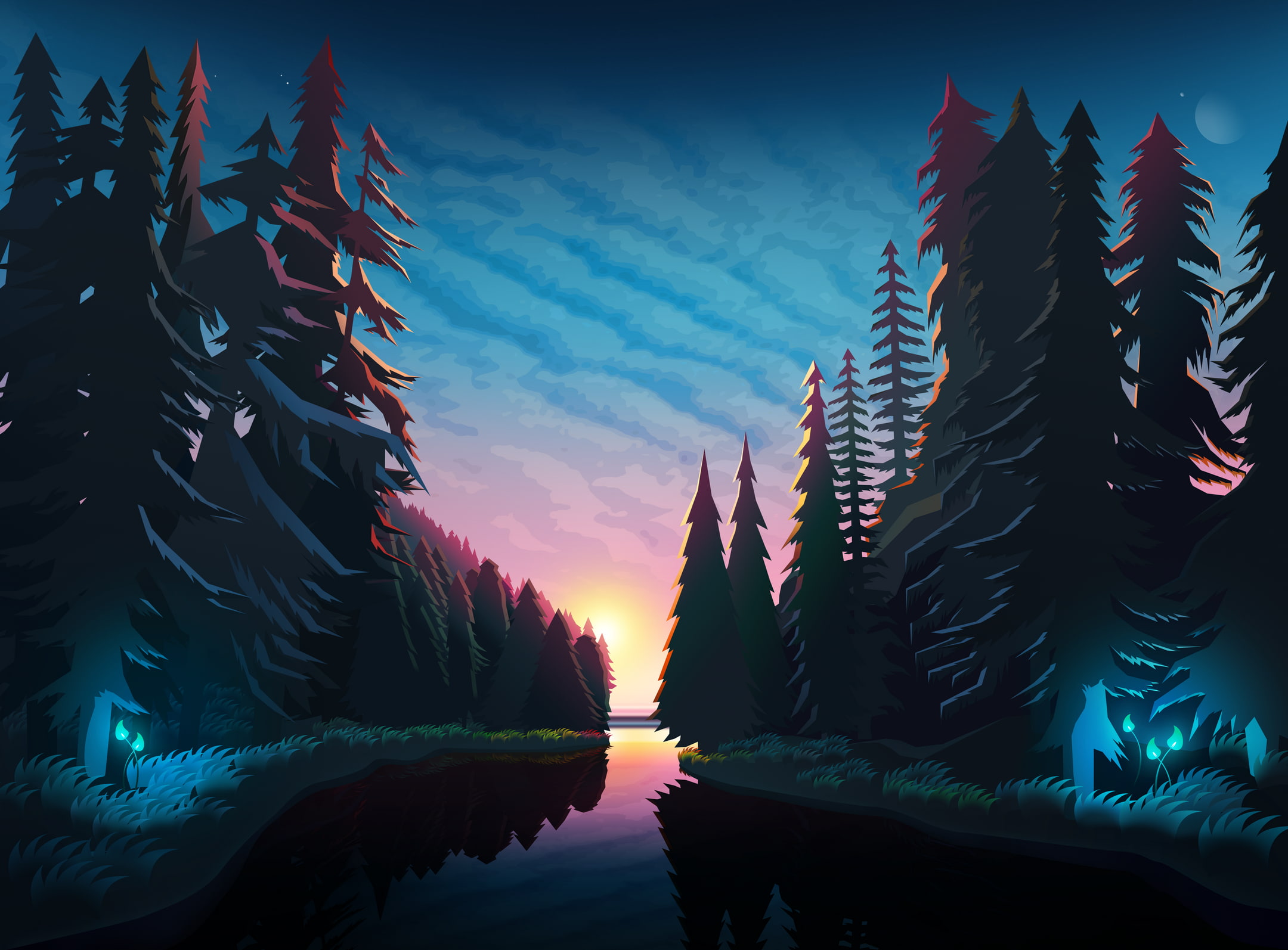 Moon, nature, reflection, sunset, 1080P, byrotek, pine trees, clouds, fantasy art, colorful, trees, HD Wallpaper