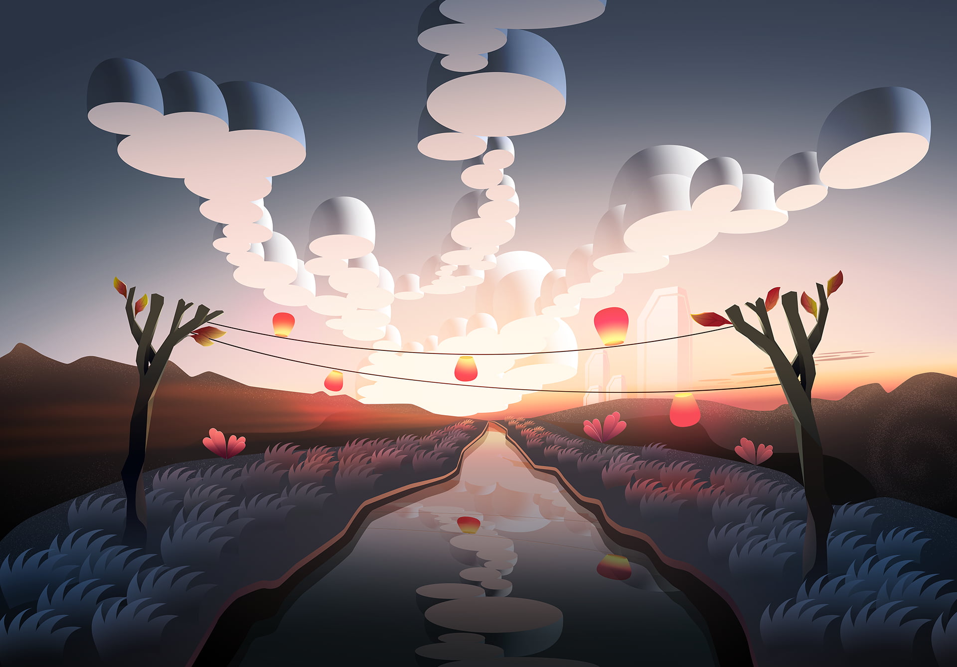 byrotek, 1080P, fantasy art, landscape, lantern, river, HD Wallpaper