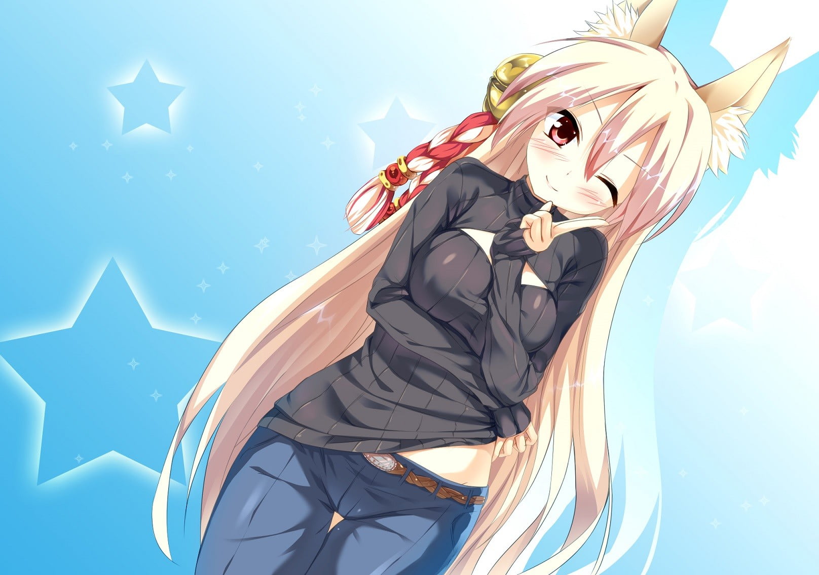 foxgirl, adult, long hair, young women, women, kitsunemimi , art and craft, nature, 720P, anime girls, portrait, blonde, environment, sky, blue, representation, HD Wallpaper